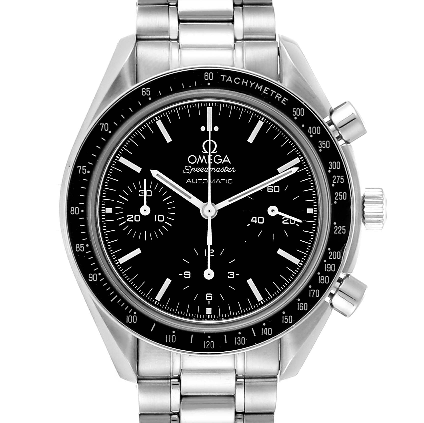 The image shows the face and bezel of an Omega Speedmaster 3539.50.00 Men
s Stainless Steel Black Dial 3539.50.00 Men
s Stainless Steel Black Dial watch from a front angle.