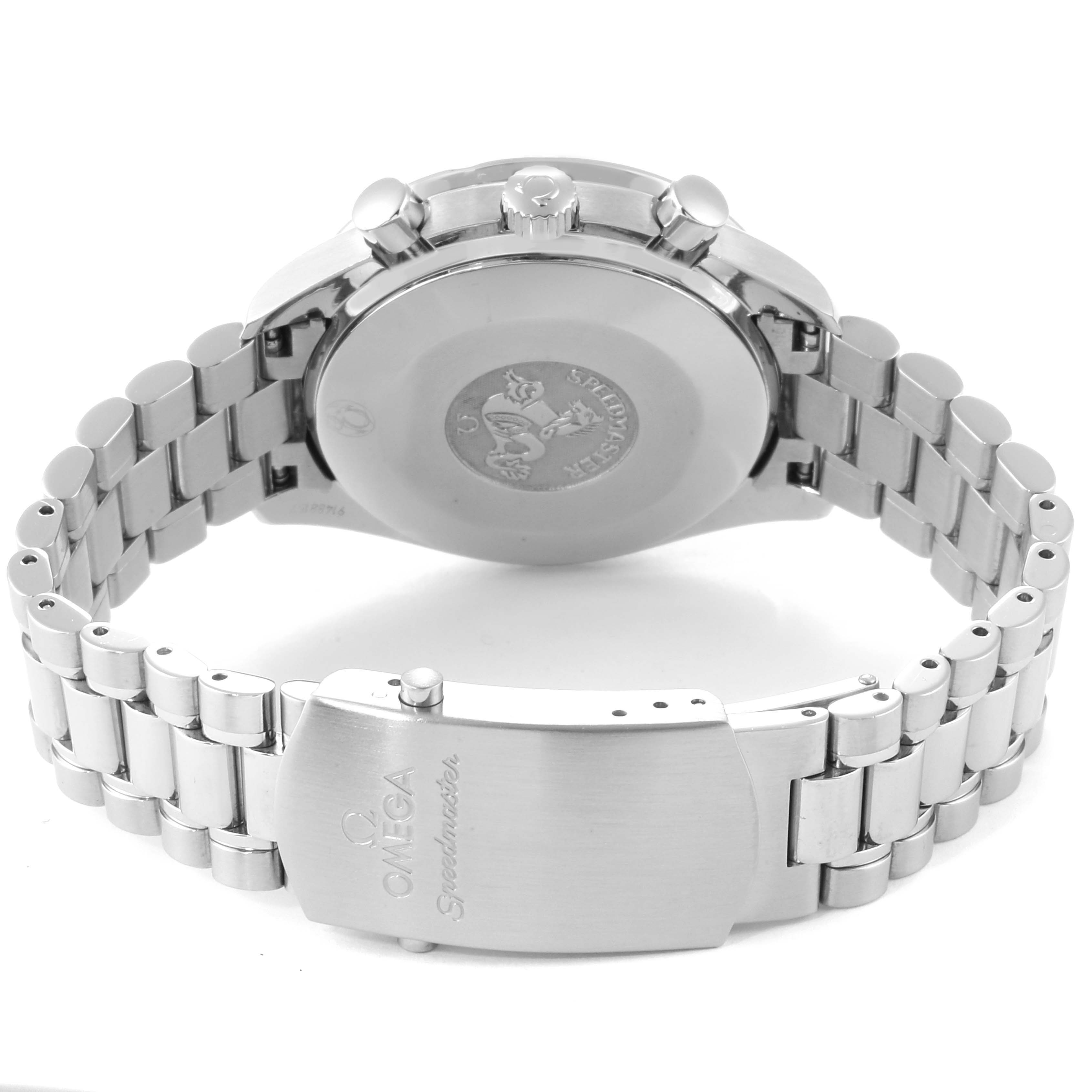 The image shows the back of an Omega Speedmaster 3539.50.00 Men
s Stainless Steel Black Dial 3539.50.00 Men
s Stainless Steel Black Dial watch, highlighting its clasp, bracelet, and case back.