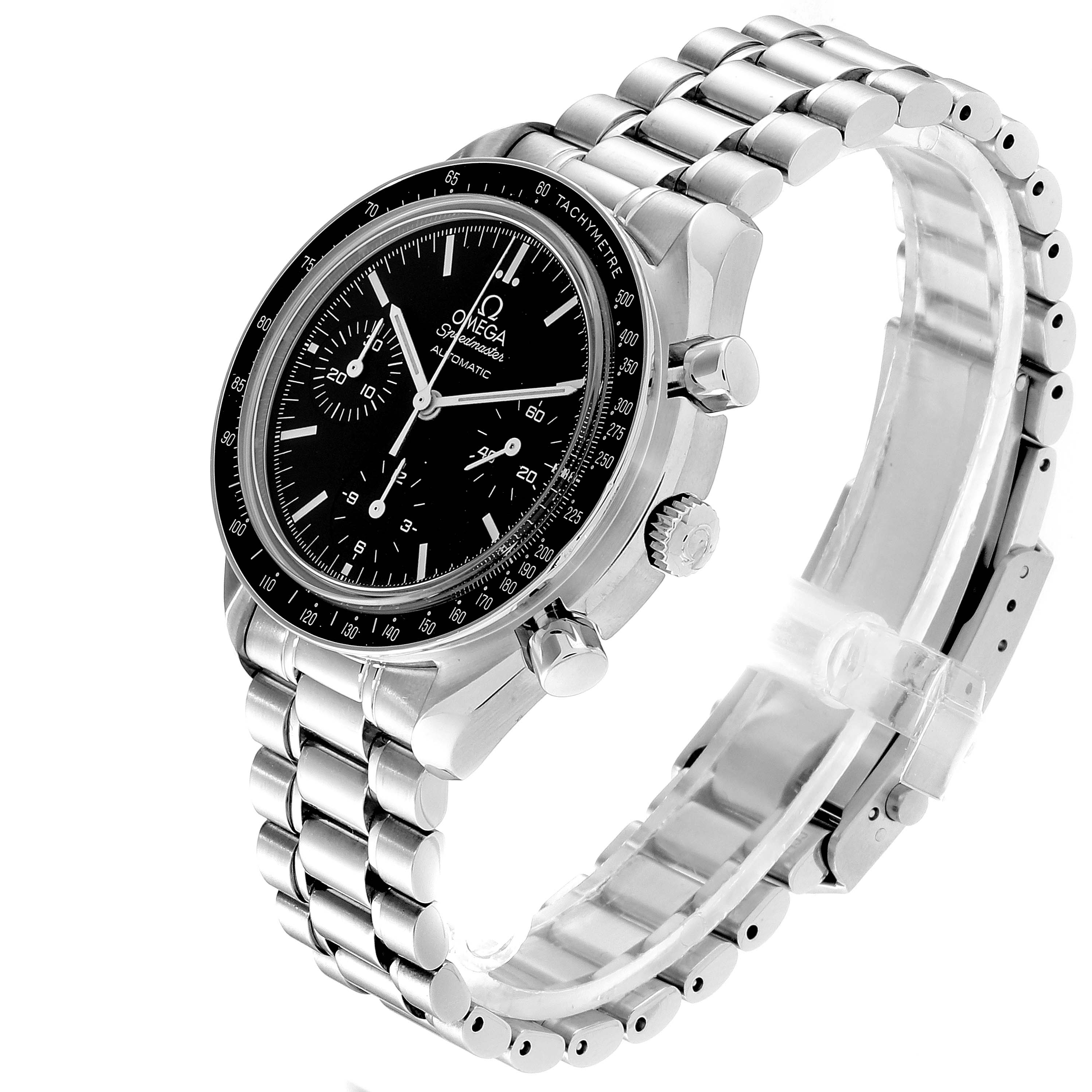 The Omega Speedmaster 3539.50.00 Men
s Stainless Steel Black Dial 3539.50.00 Men
s Stainless Steel Black Dial watch is shown from an angled side view, highlighting the dial, bezel, crown, pushers, and bracelet.