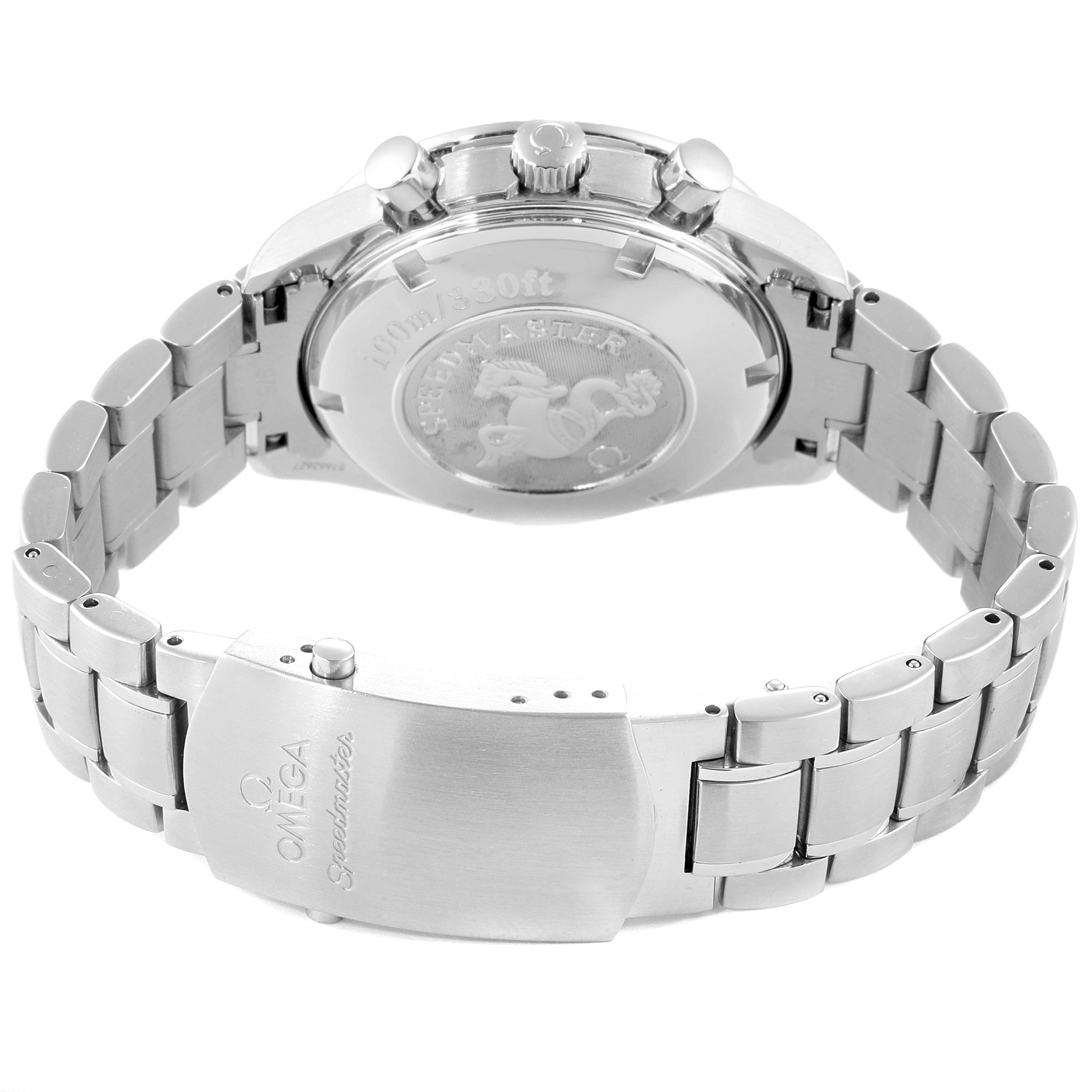 The image shows the back view of an Omega Speedmaster 3210.51.00 Men's Stainless Steel Black Dial 3210.51.00 Men's Stainless Steel Black Dial watch, focusing on the case back and stainless steel bracelet.