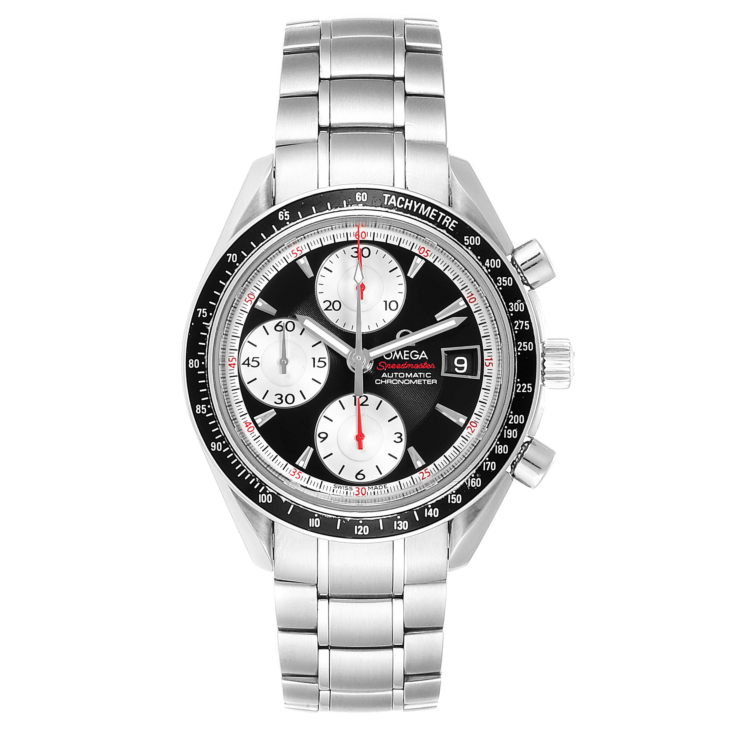 The image shows a front view of an Omega Speedmaster 3210.51.00 Men's Stainless Steel Black Dial 3210.51.00 Men's Stainless Steel Black Dial watch, displaying its face, tachymetre, and metal bracelet.