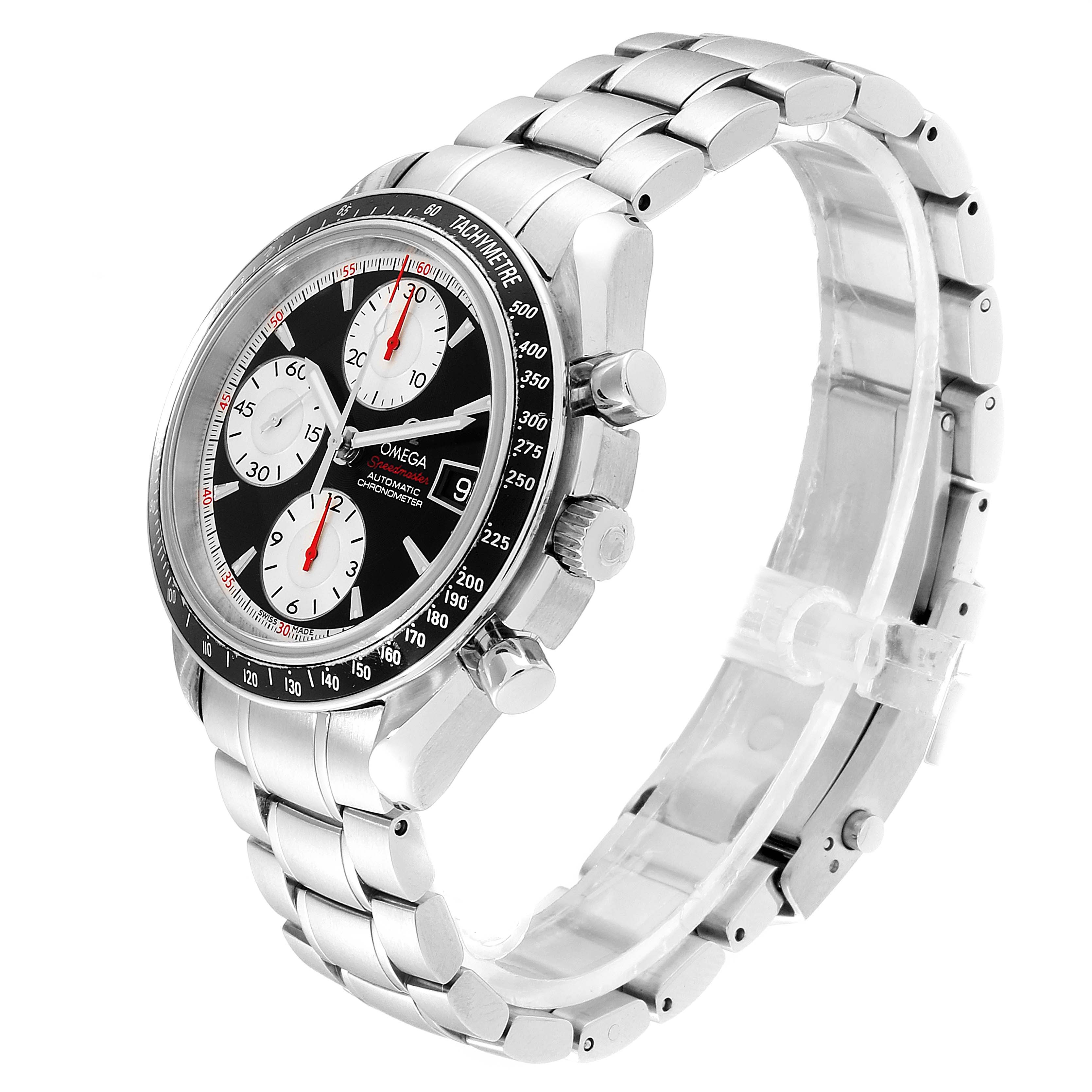 The Omega Speedmaster 3210.51.00 Men's Stainless Steel Black Dial 3210.51.00 Men's Stainless Steel Black Dial watch is shown from a front-side angle, highlighting its dial, bezel, and metal bracelet.