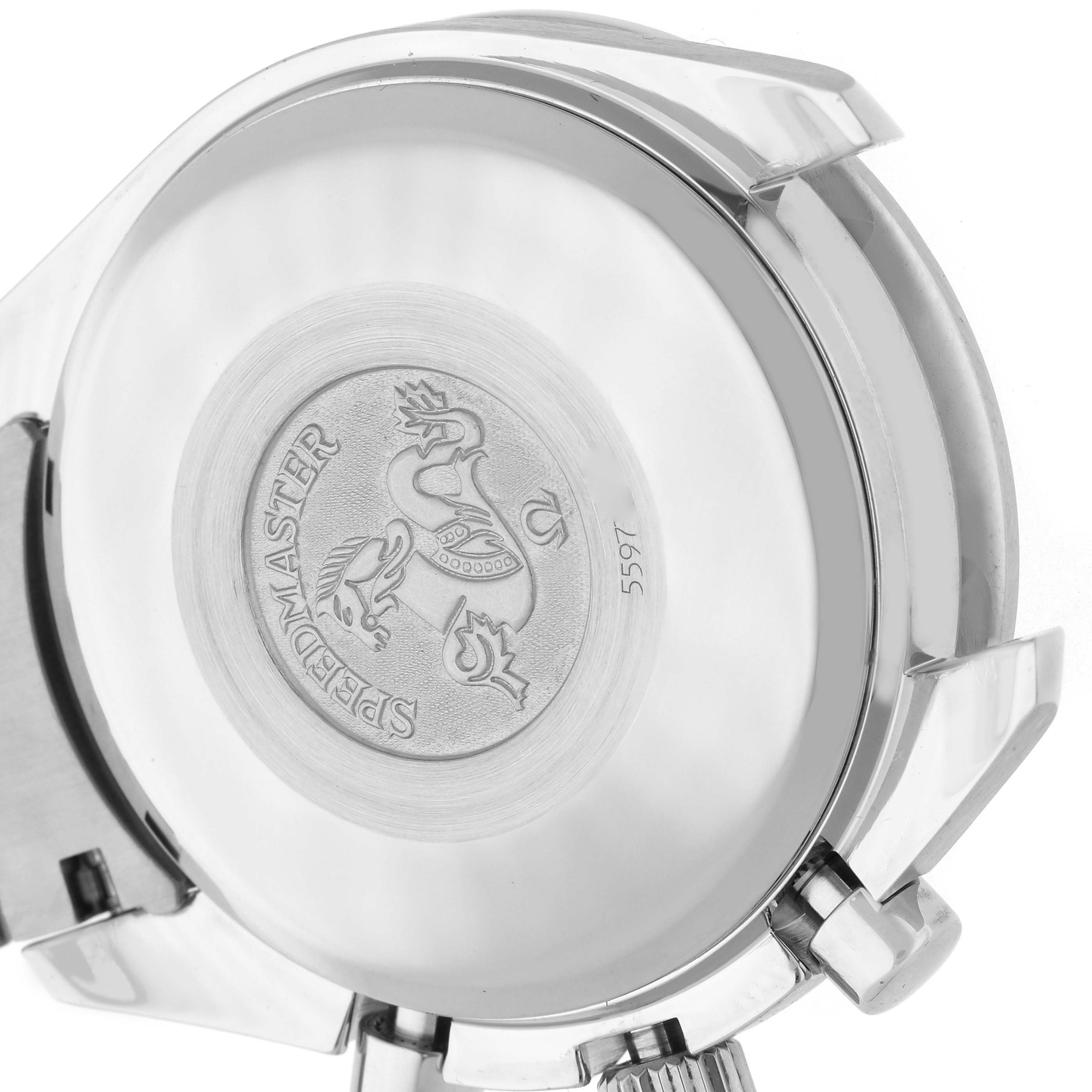 The image shows the back case of an Omega Speedmaster 3520.50.00 Men's Stainless Steel Black Dial 3520.50.00 Men's Stainless Steel Black Dial watch, focusing on its emblem and lugs.