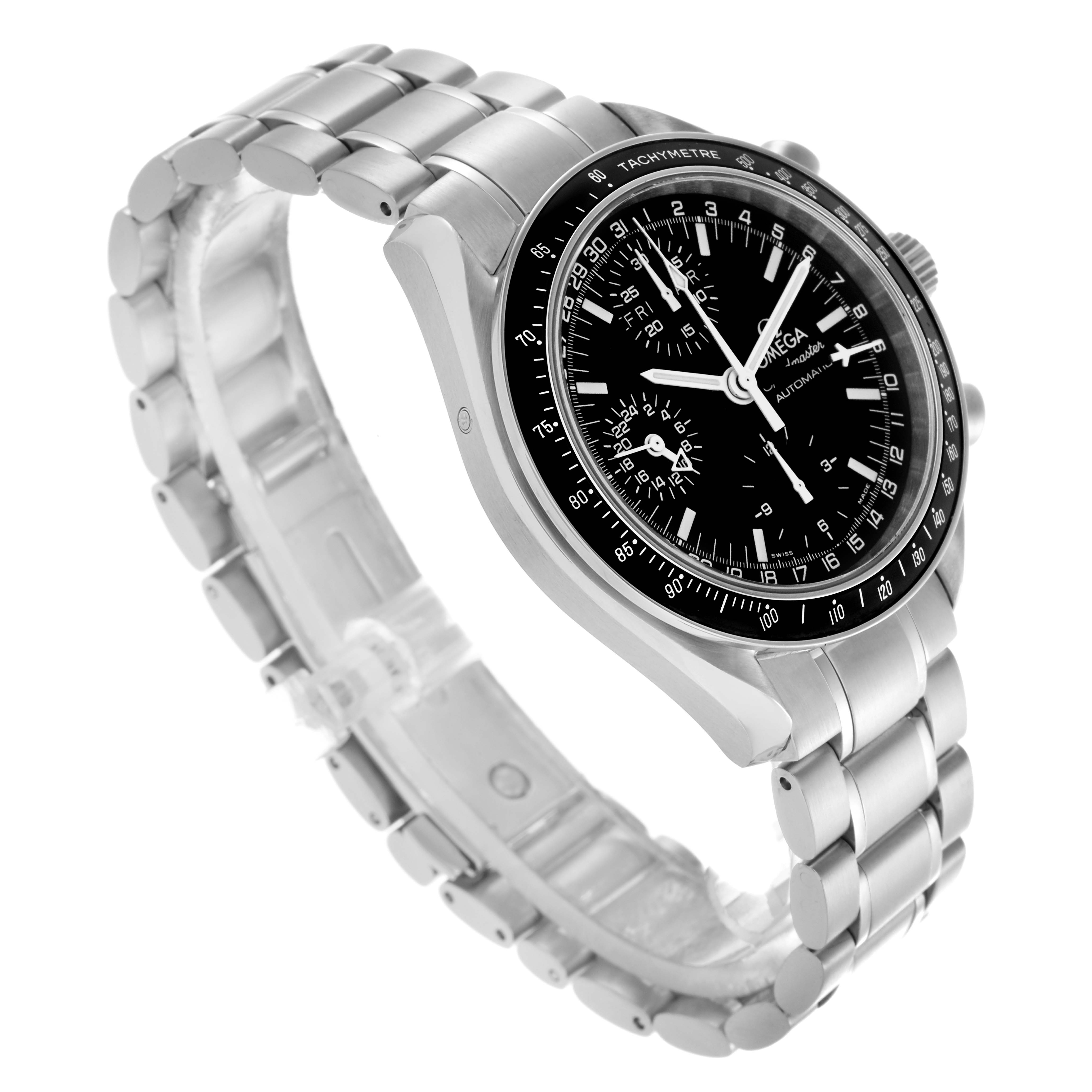 The Omega Speedmaster 3520.50.00 Men's Stainless Steel Black Dial 3520.50.00 Men's Stainless Steel Black Dial watch is shown at a three-quarter angle, highlighting the face, bezel, and stainless steel bracelet.