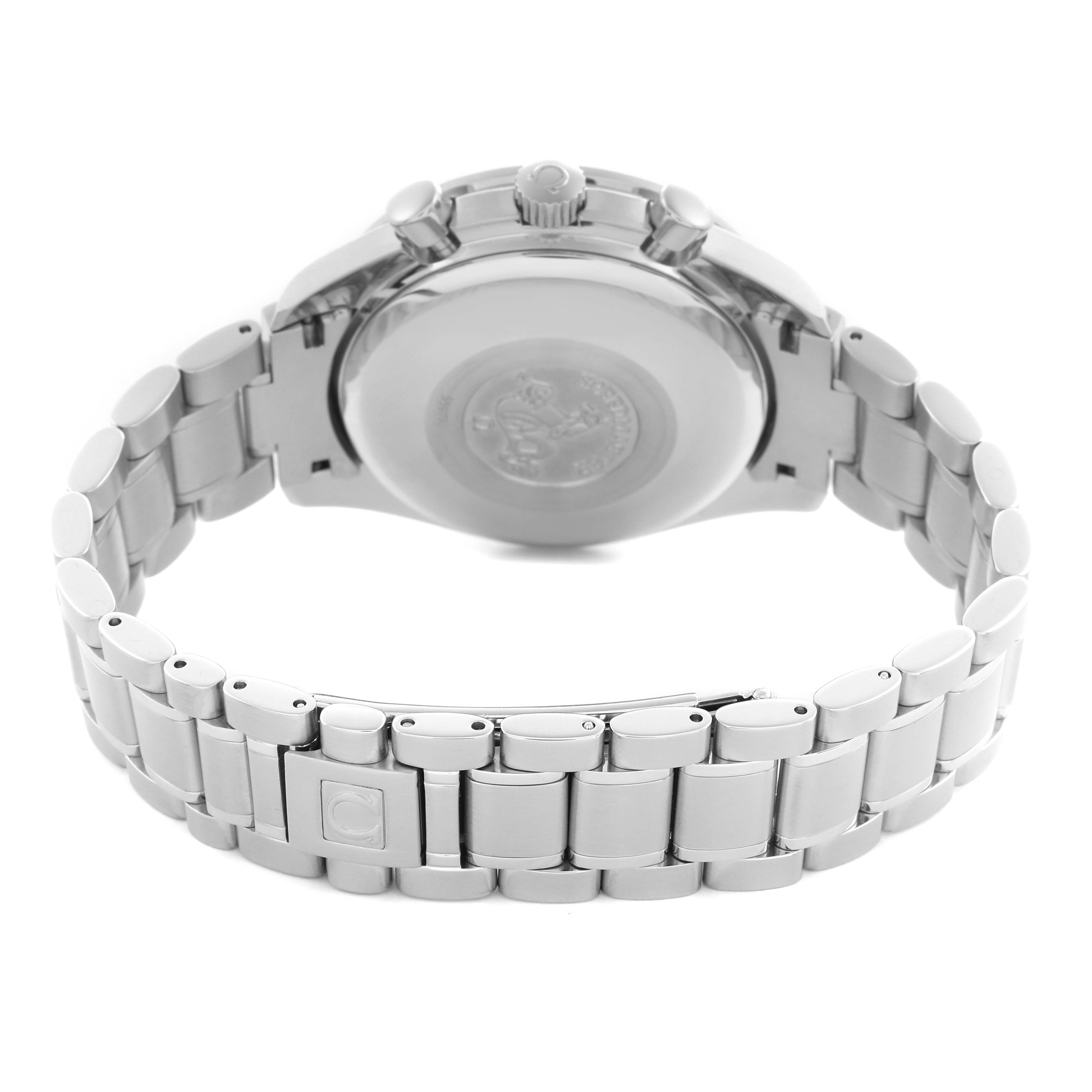 The image shows a rear view of the Omega Speedmaster 3520.50.00 Men's Stainless Steel Black Dial 3520.50.00 Men's Stainless Steel Black Dial, displaying its case back and metal bracelet.