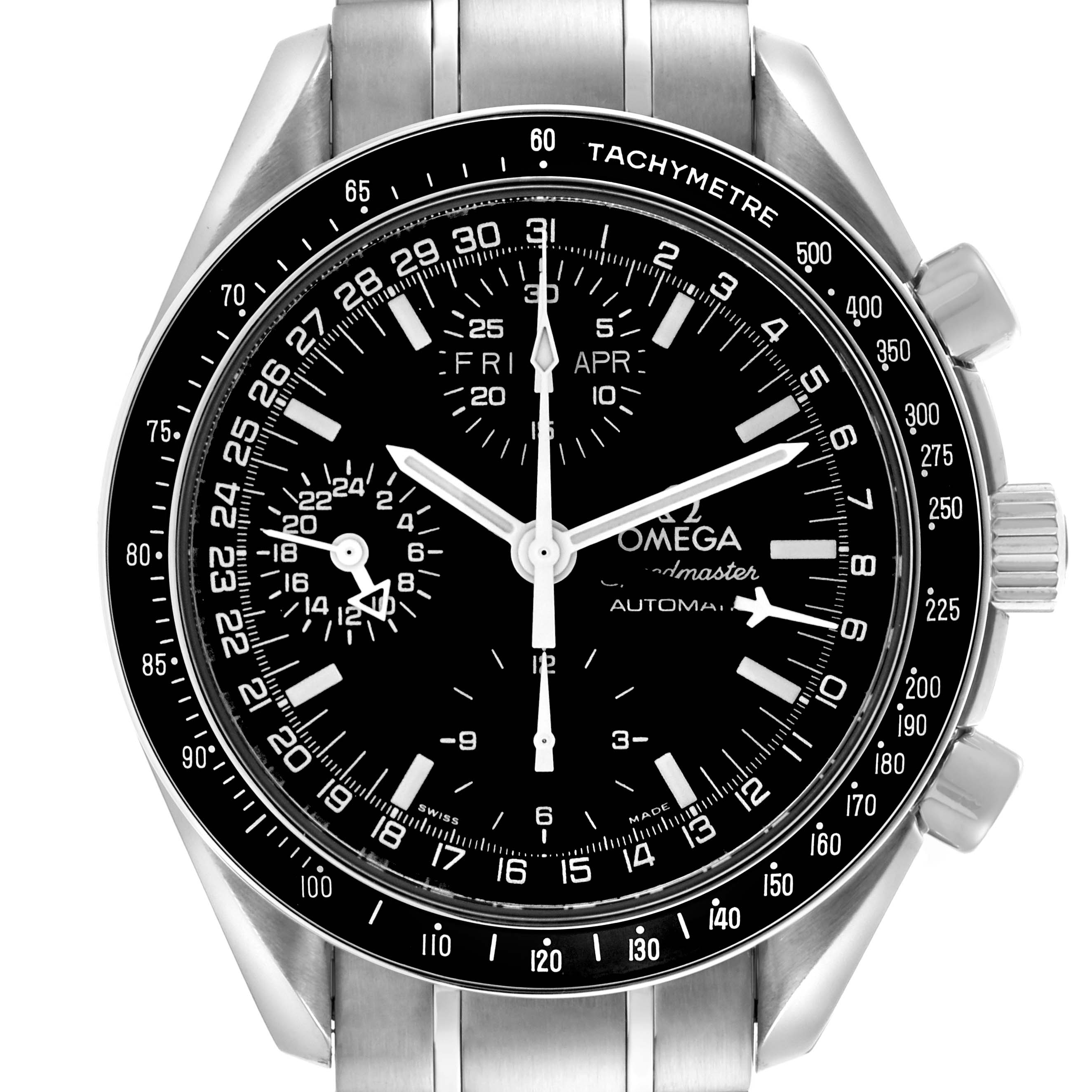 The Omega Speedmaster 3520.50.00 Men's Stainless Steel Black Dial 3520.50.00 Men's Stainless Steel Black Dial model is shown from the front, displaying the dial, bezel, and bracelet prominently.