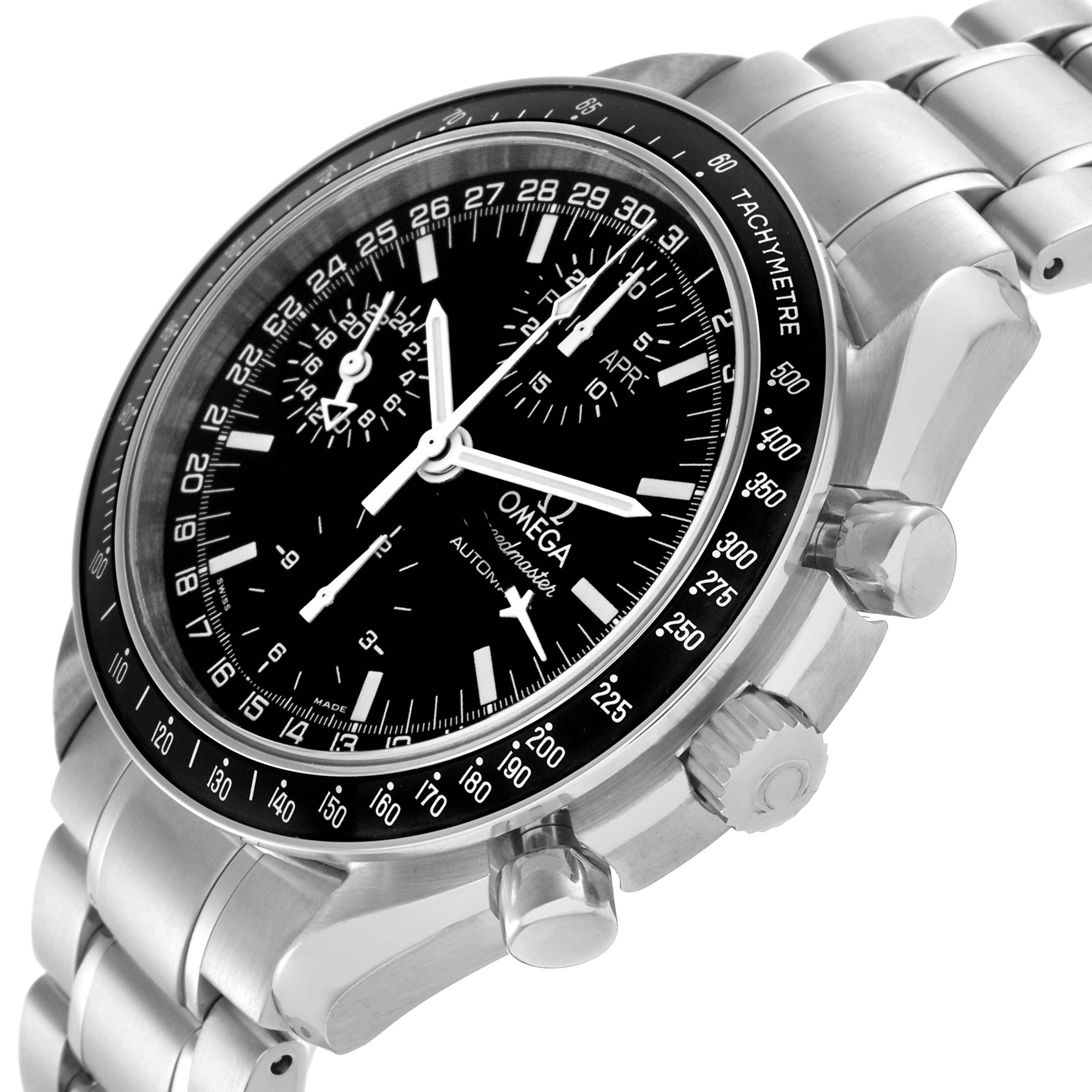 The Omega Speedmaster 3520.50.00 Men's Stainless Steel Black Dial 3520.50.00 Men's Stainless Steel Black Dial watch is shown at a slight angle, highlighting the dial, tachymeter bezel, push buttons, and part of the bracelet.