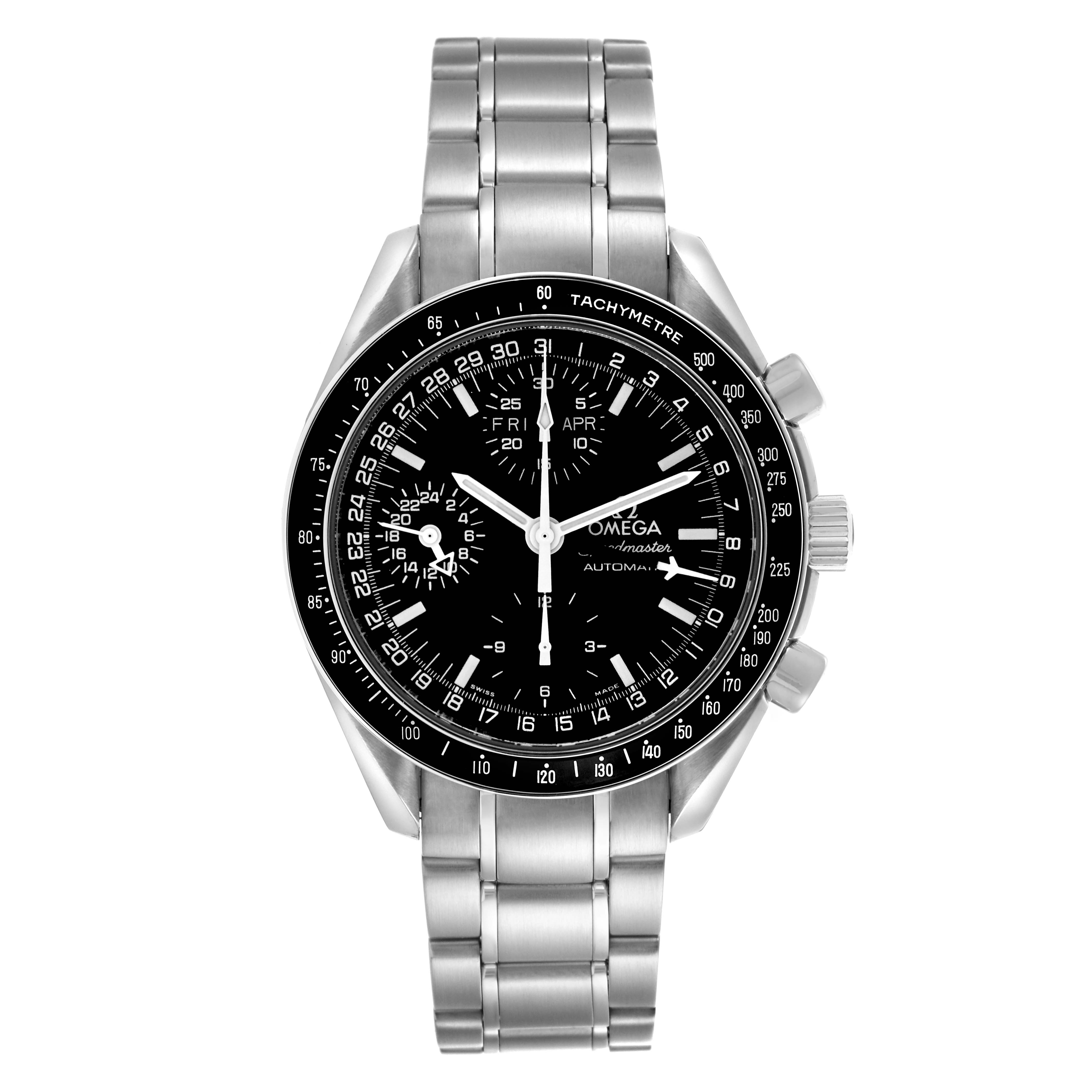 The Omega Speedmaster 3520.50.00 Men's Stainless Steel Black Dial 3520.50.00 Men's Stainless Steel Black Dial is shown from the front, displaying the dial, bezel, bracelet, and chronograph pushers.