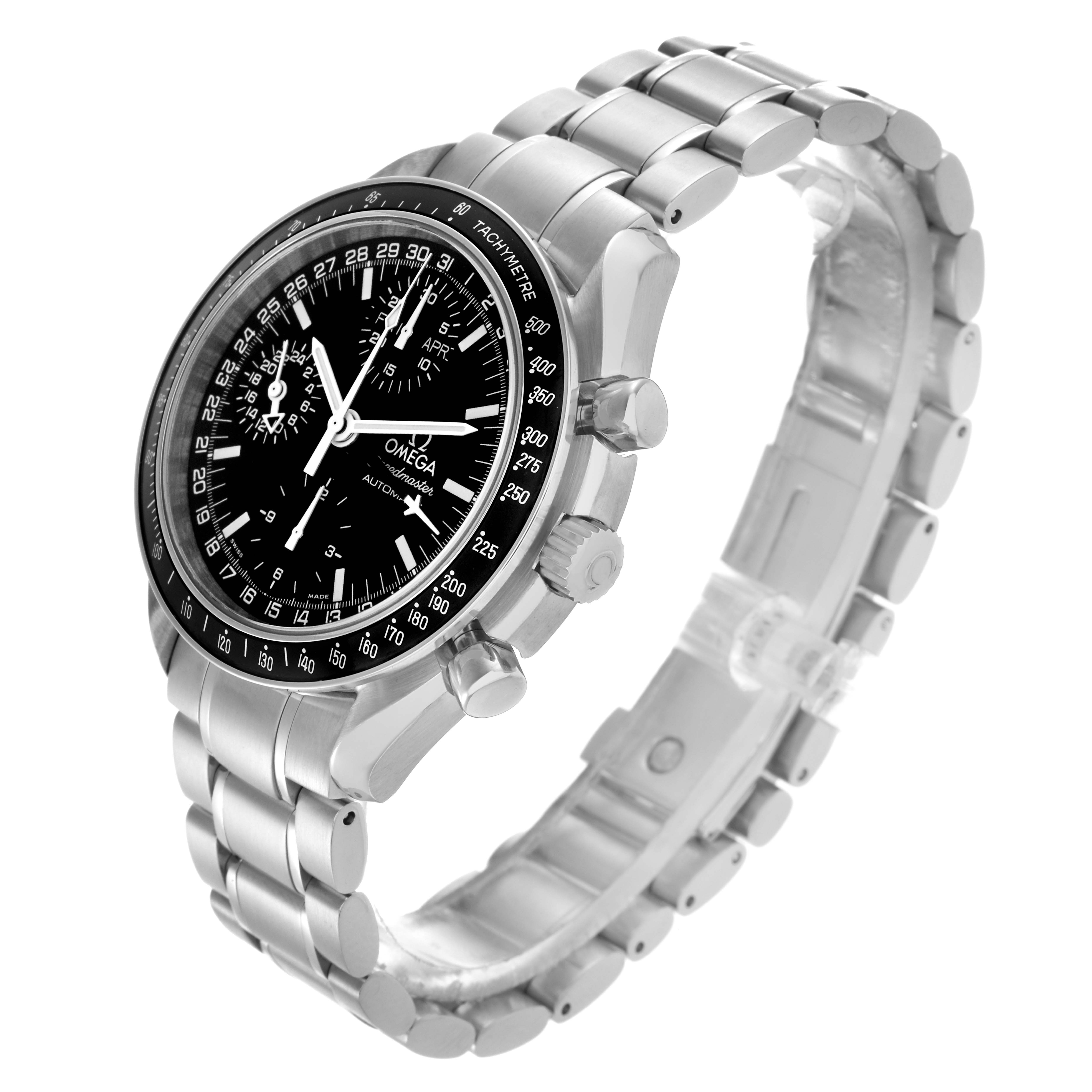 The Omega Speedmaster 3520.50.00 Men's Stainless Steel Black Dial 3520.50.00 Men's Stainless Steel Black Dial watch is shown from a three-quarter angle, displaying the dial, case, pushers, and bracelet.