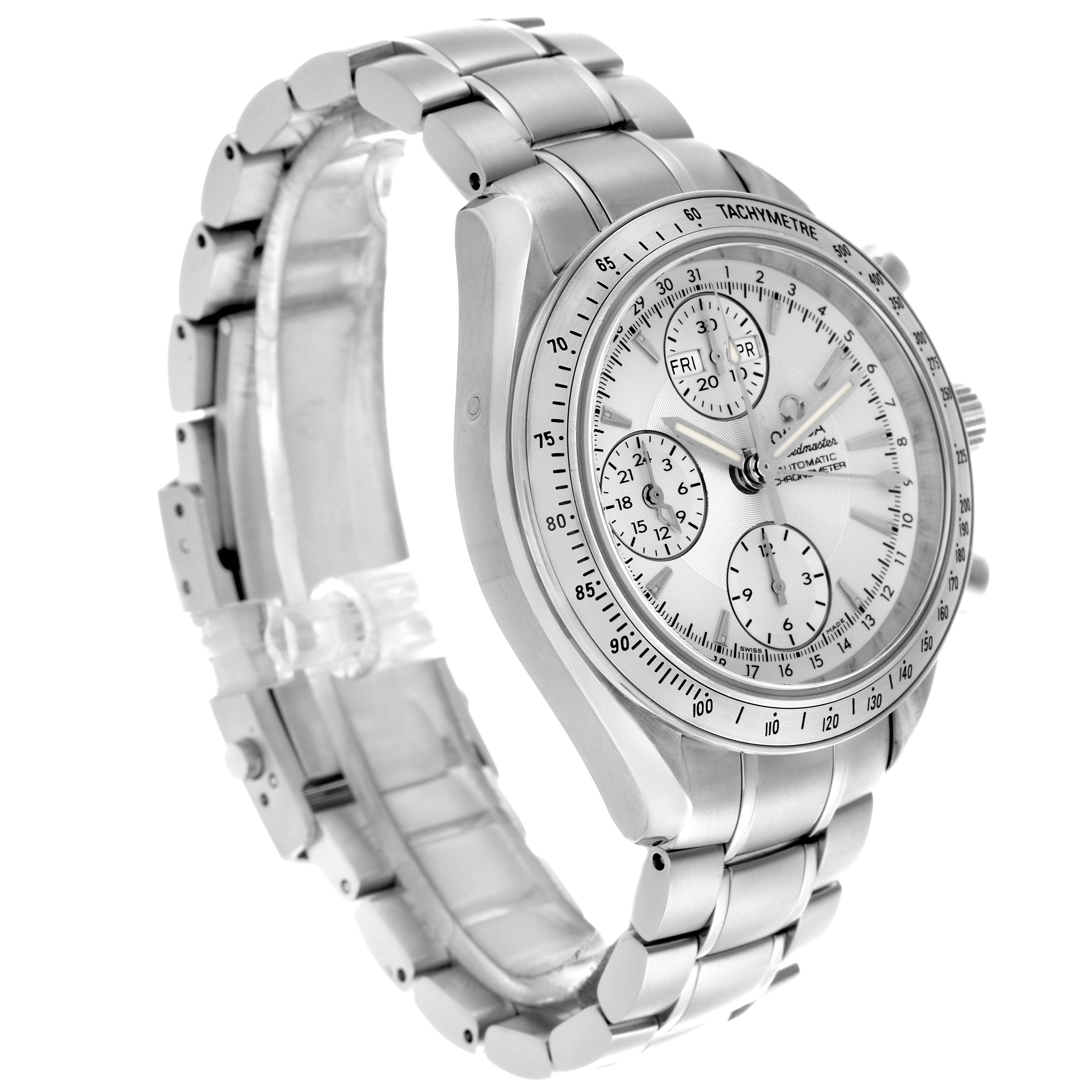 The Omega Speedmaster 3221.30.00 Men's Stainless Steel Silver Dial 3221.30.00 Men's Stainless Steel Silver Dial watch is shown at a three-quarter angle, highlighting the face, bezel, and metal bracelet.