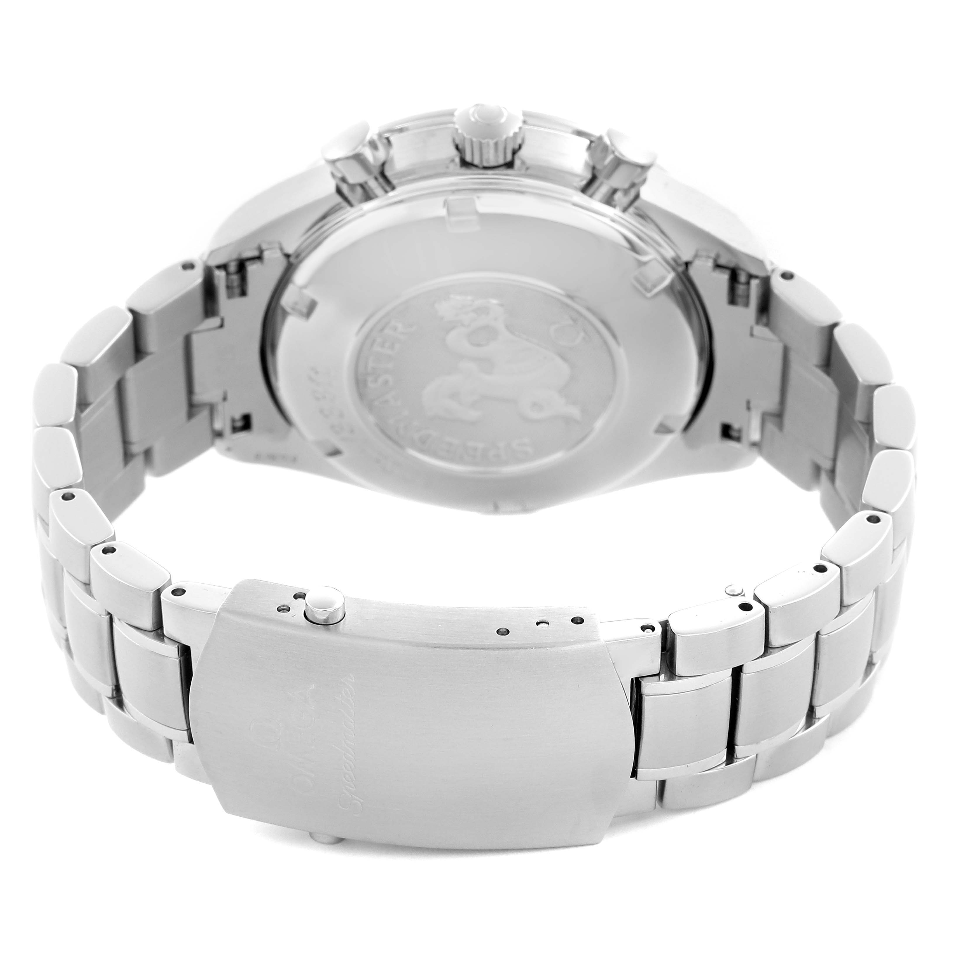 The Omega Speedmaster 3221.30.00 Men's Stainless Steel Silver Dial 3221.30.00 Men's Stainless Steel Silver Dial watch is shown from the back, highlighting the bracelet, clasp, and case back.
