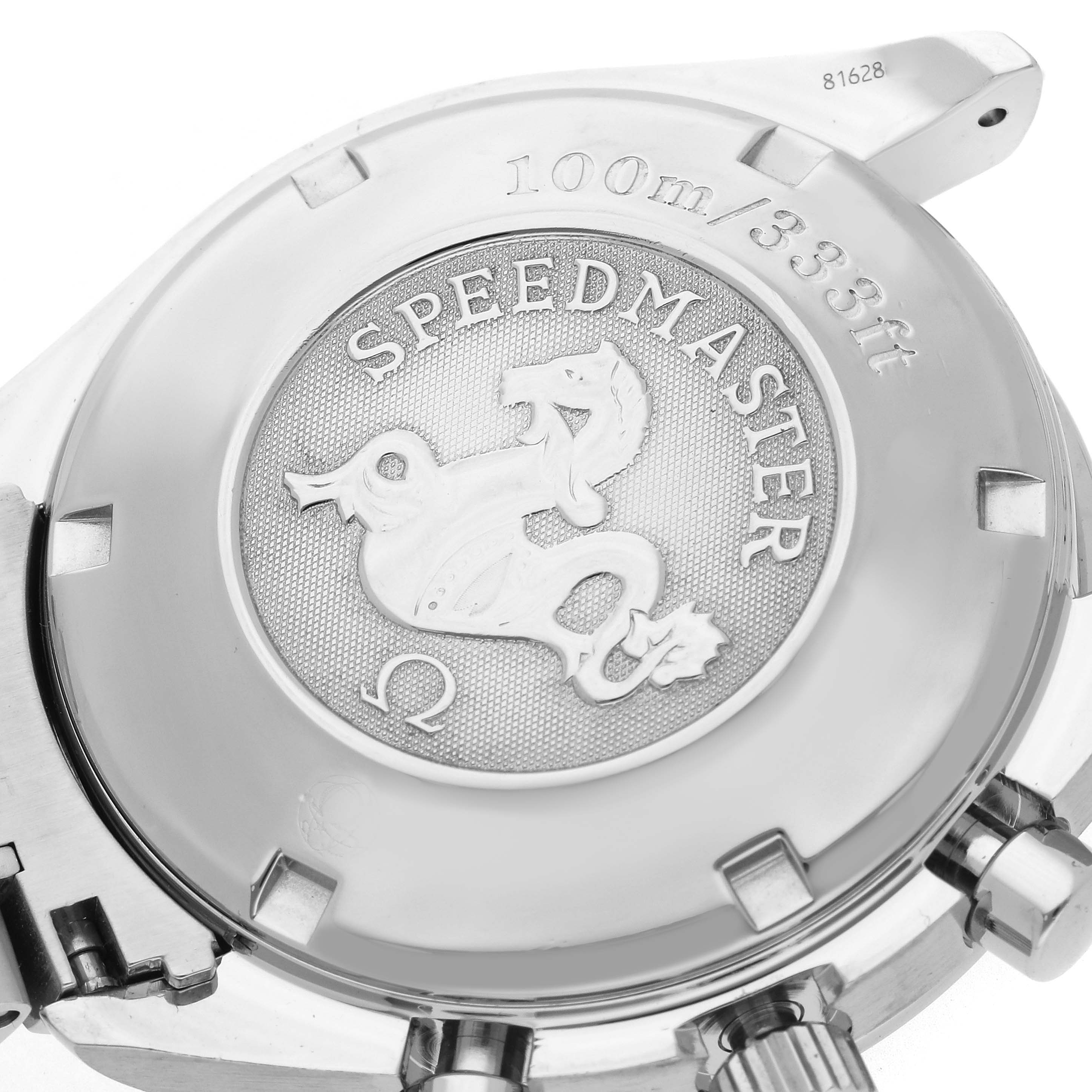 The image shows the back of the Omega Speedmaster 3221.30.00 Men's Stainless Steel Silver Dial 3221.30.00 Men's Stainless Steel Silver Dial watch, highlighting the case back and engraving details.