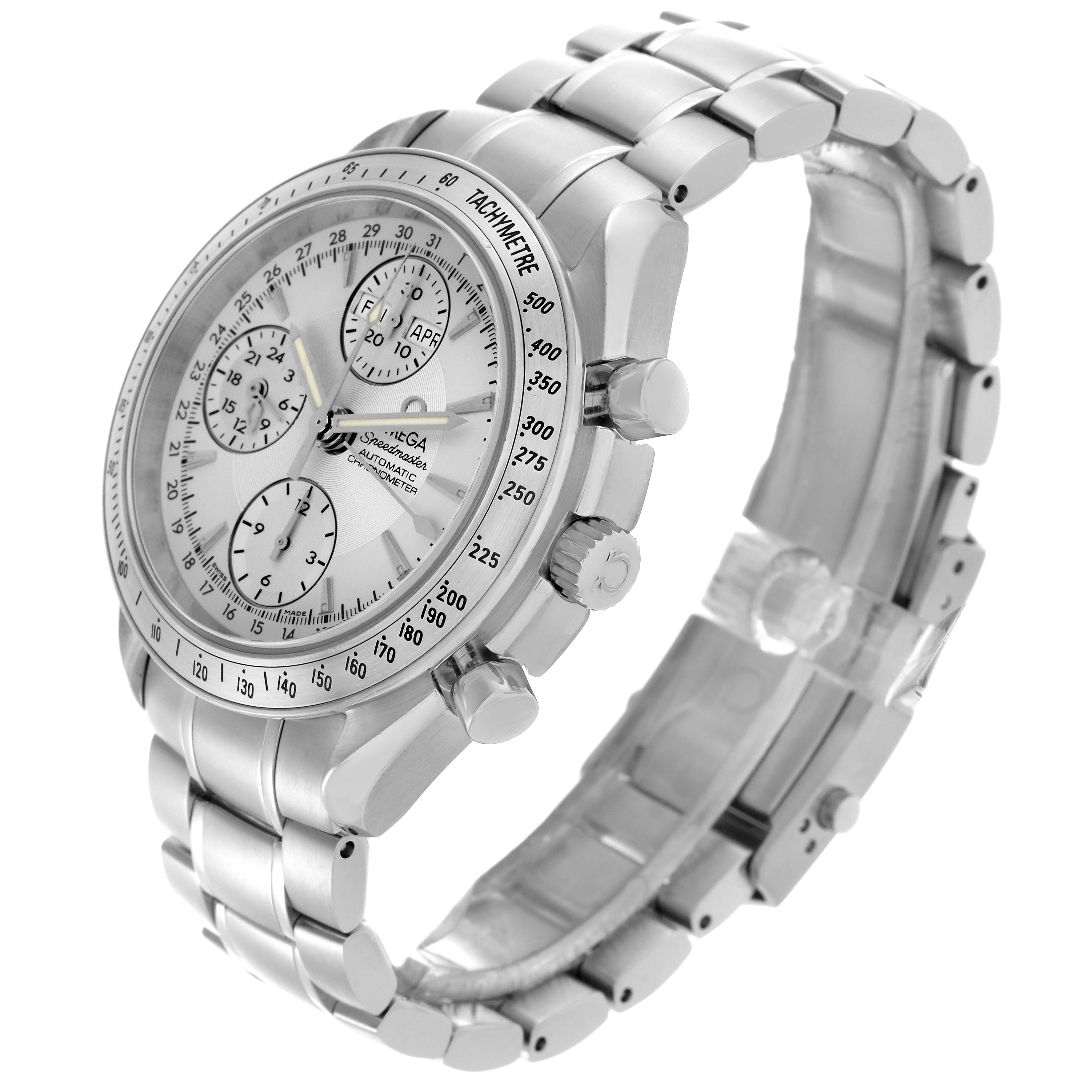The Omega Speedmaster 3221.30.00 Men's Stainless Steel Silver Dial 3221.30.00 Men's Stainless Steel Silver Dial watch is shown at a three-quarter angle, highlighting the bezel, dials, crown, and bracelet.