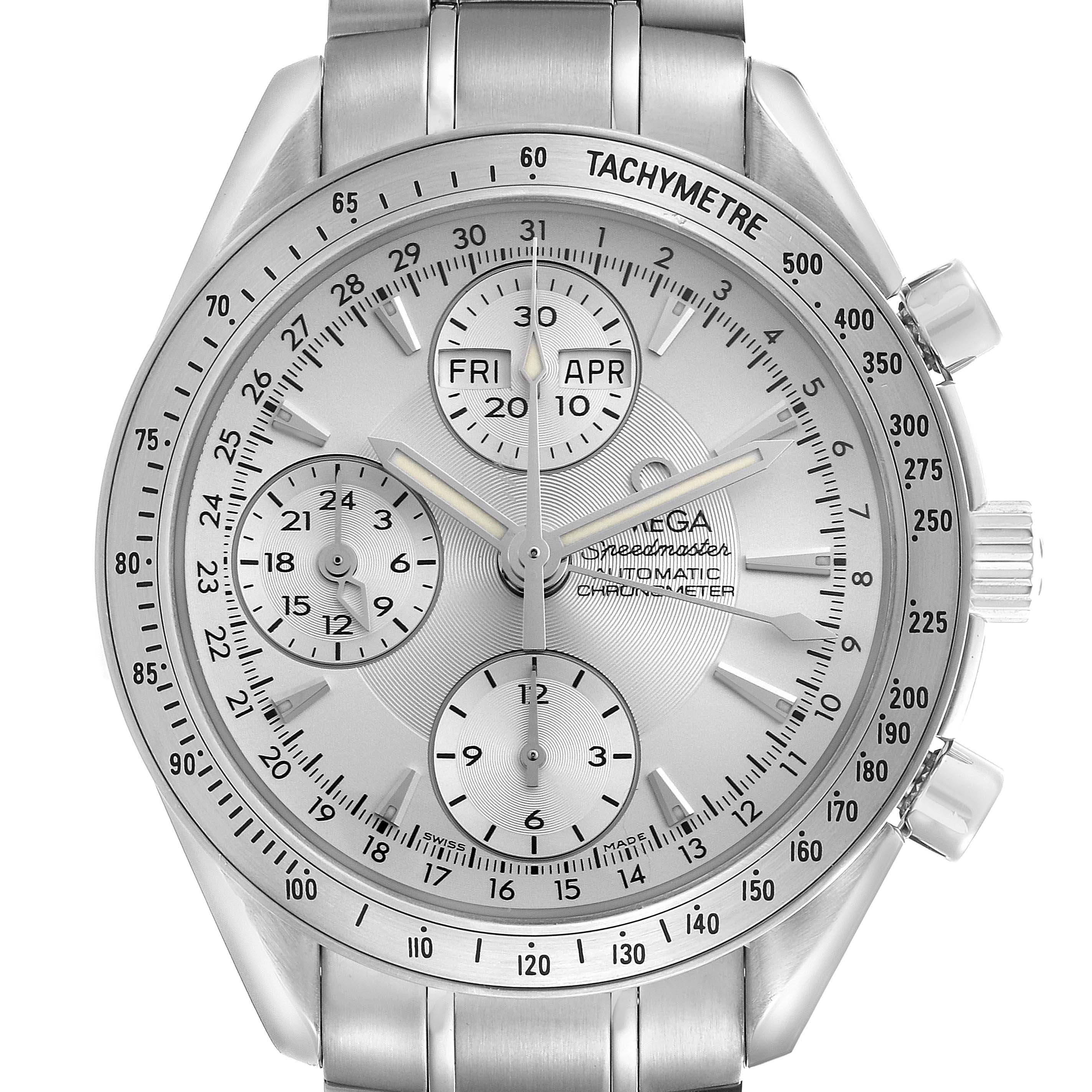 The Omega Speedmaster 3221.30.00 Men's Stainless Steel Silver Dial 3221.30.00 Men's Stainless Steel Silver Dial watch is shown from a front angle, displaying its tachymeter, subdials, and date function.