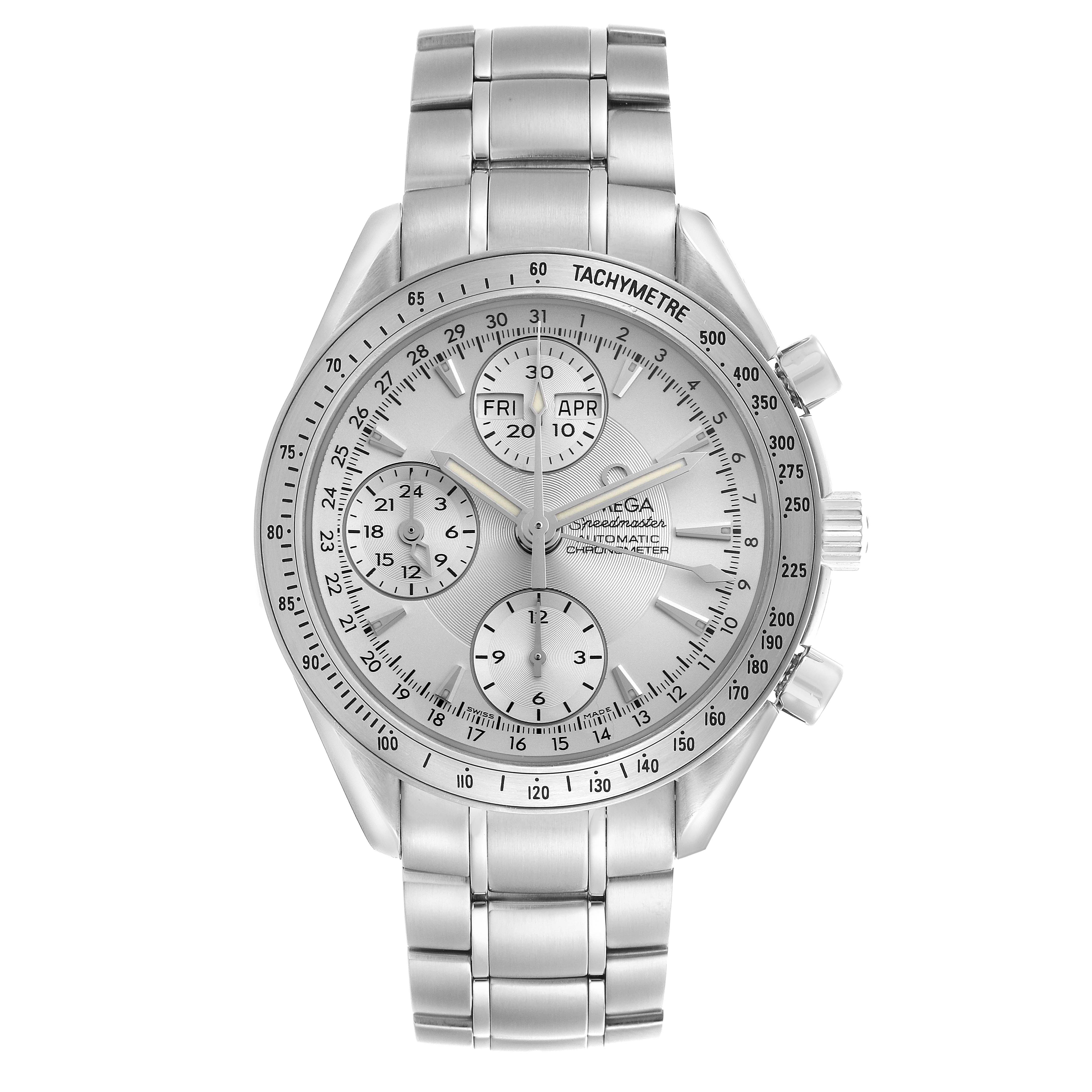 The image shows a front view of the Omega Speedmaster 3221.30.00 Men's Stainless Steel Silver Dial 3221.30.00 Men's Stainless Steel Silver Dial watch, highlighting the dial, bezel, and bracelet.