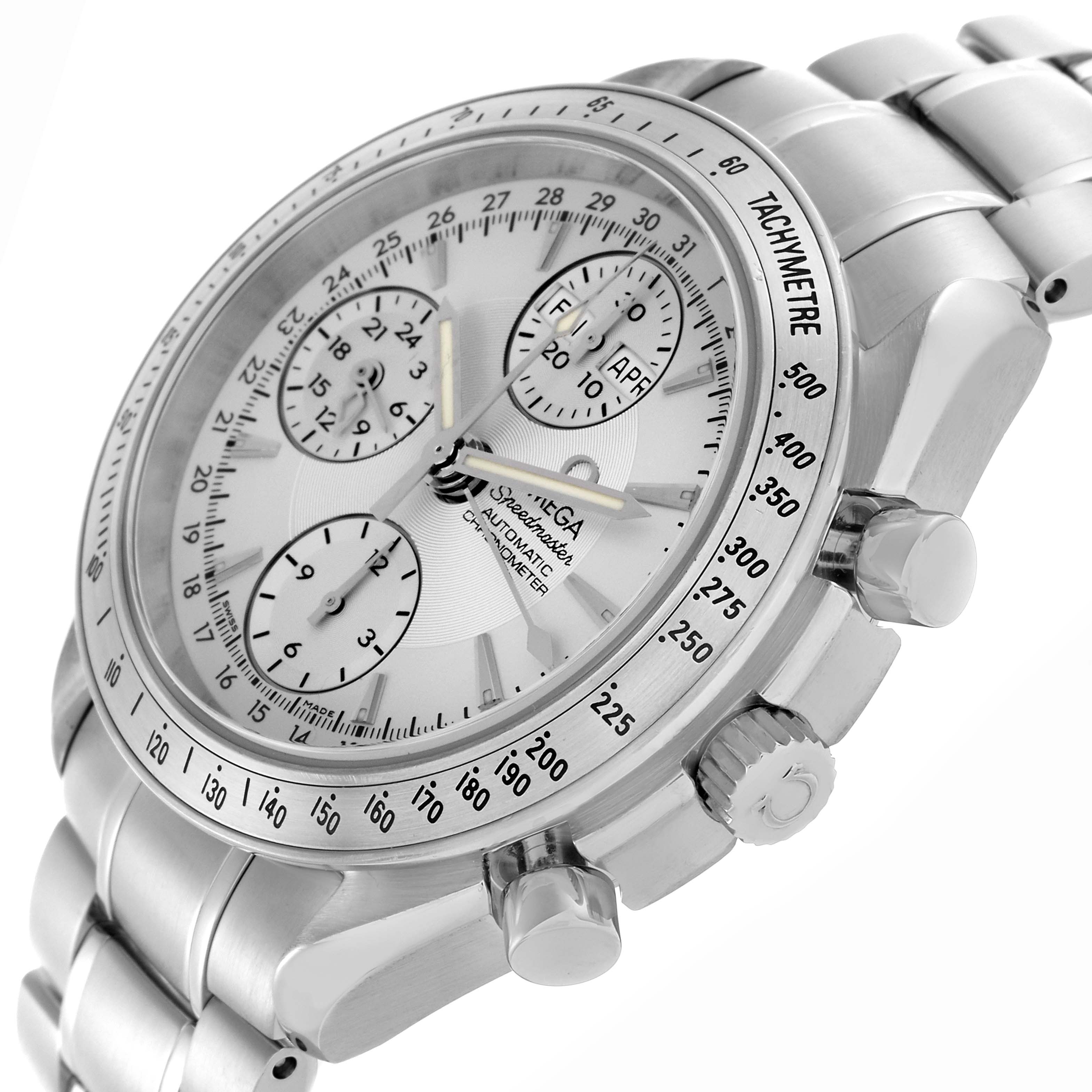The Omega Speedmaster 3221.30.00 Men's Stainless Steel Silver Dial 3221.30.00 Men's Stainless Steel Silver Dial watch is shown at an oblique angle, highlighting the dial, tachymeter bezel, pushers, crown, and bracelet.