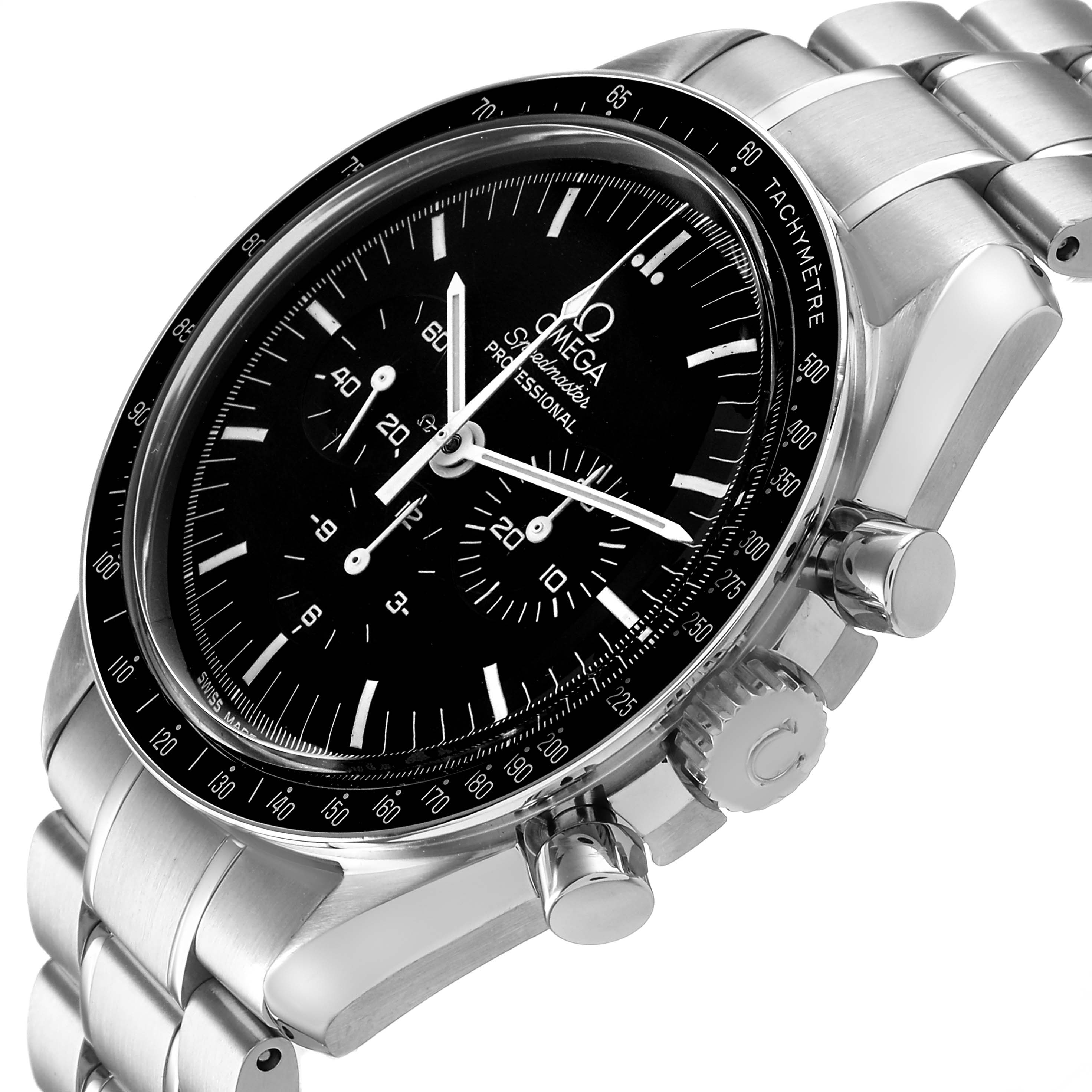 The Omega Speedmaster 3570.50.00 Men's Stainless Steel Black Dial watch is shown from a front-side angle, highlighting the dial, bezel, pushers, and stainless steel bracelet.