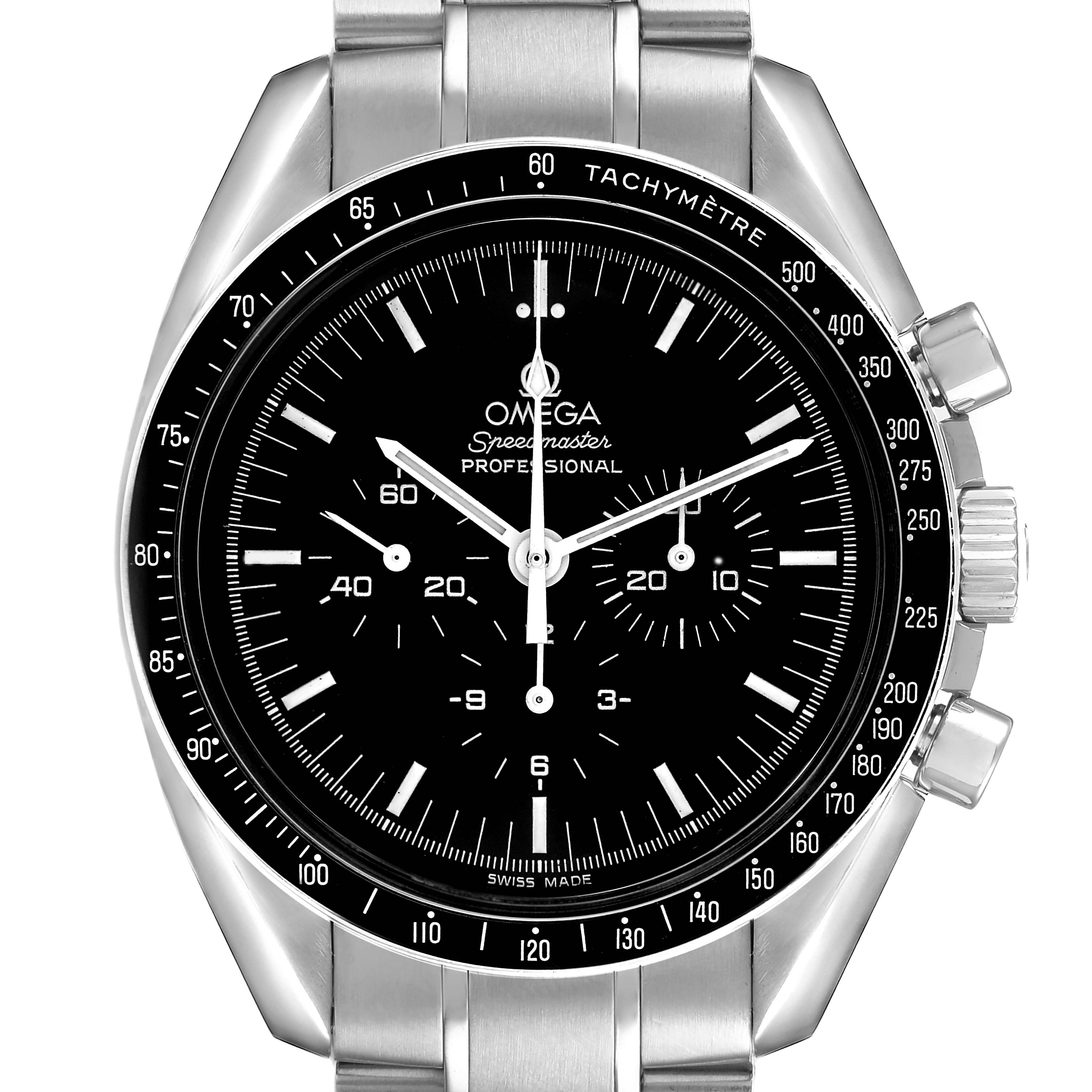 The Omega Speedmaster 3570.50.00 Men's Stainless Steel Black Dial is shown from the front, displaying the full dial, tachymeter bezel, and stainless steel bracelet.