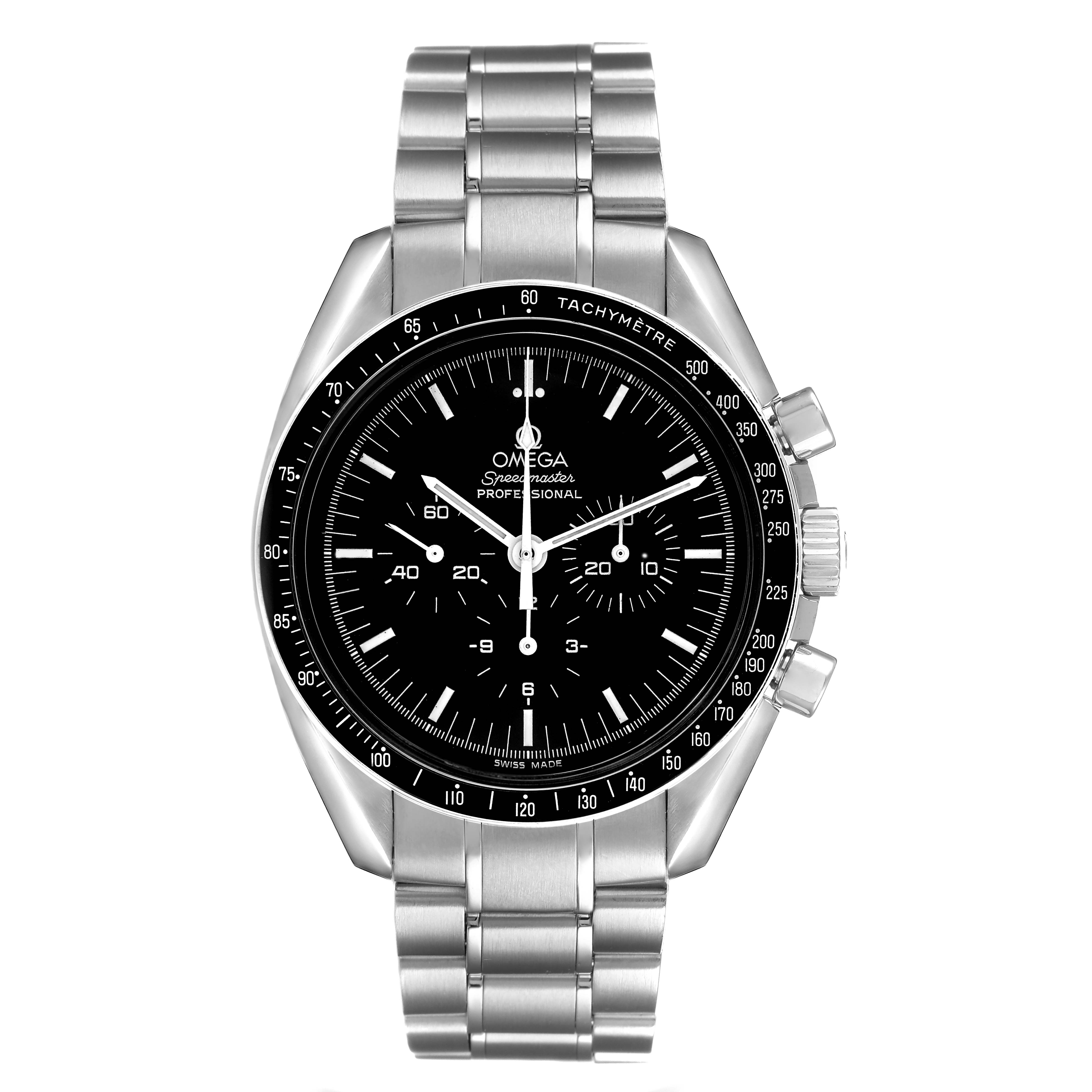 The Omega Speedmaster 3570.50.00 Men's Stainless Steel Black Dial watch is shown from the front, highlighting its face, bezel with tachymeter, and stainless steel bracelet.