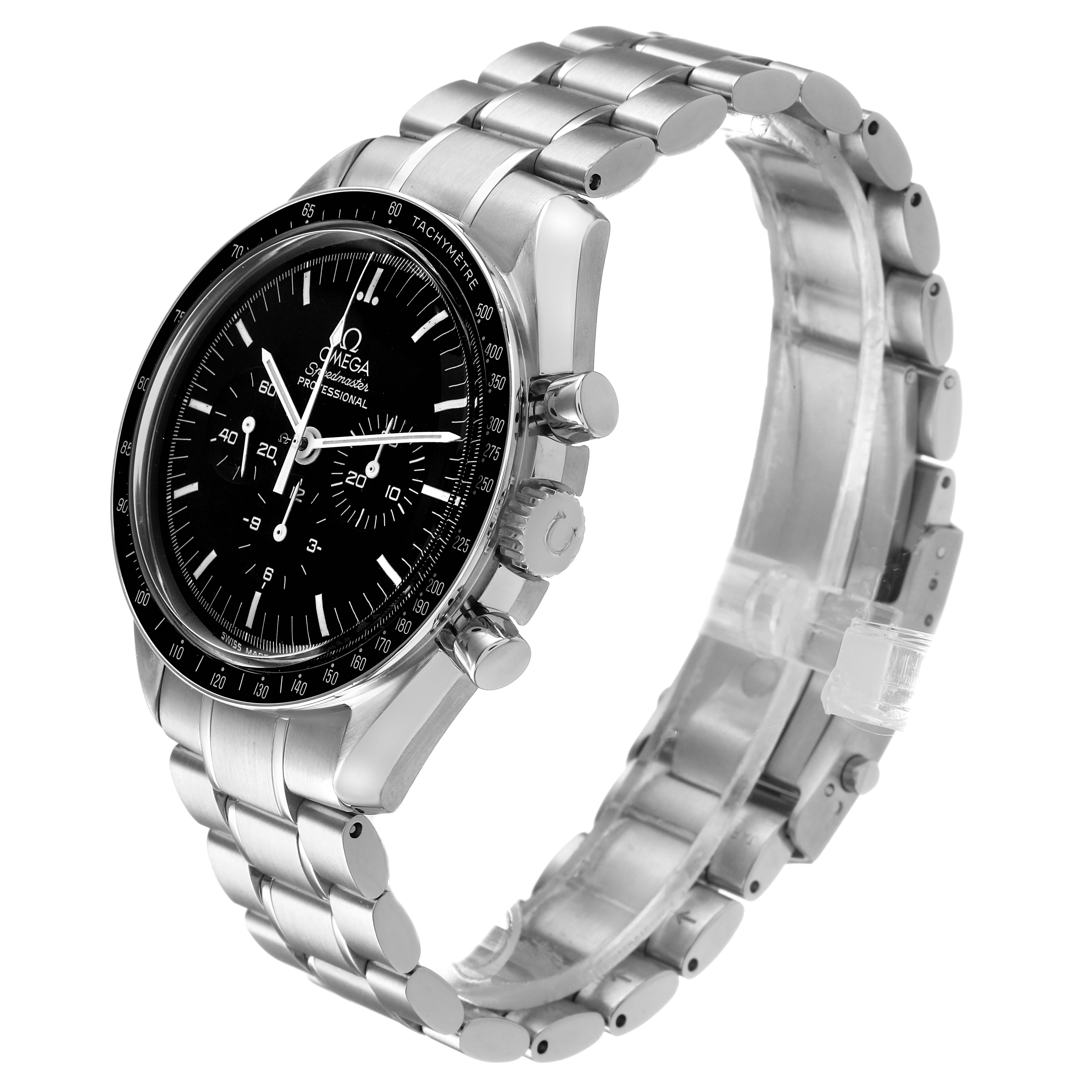 The Omega Speedmaster 3570.50.00 Men's Stainless Steel Black Dial watch is shown at a three-quarter angle, highlighting the dial, bezel, pushers, crown, and bracelet.
