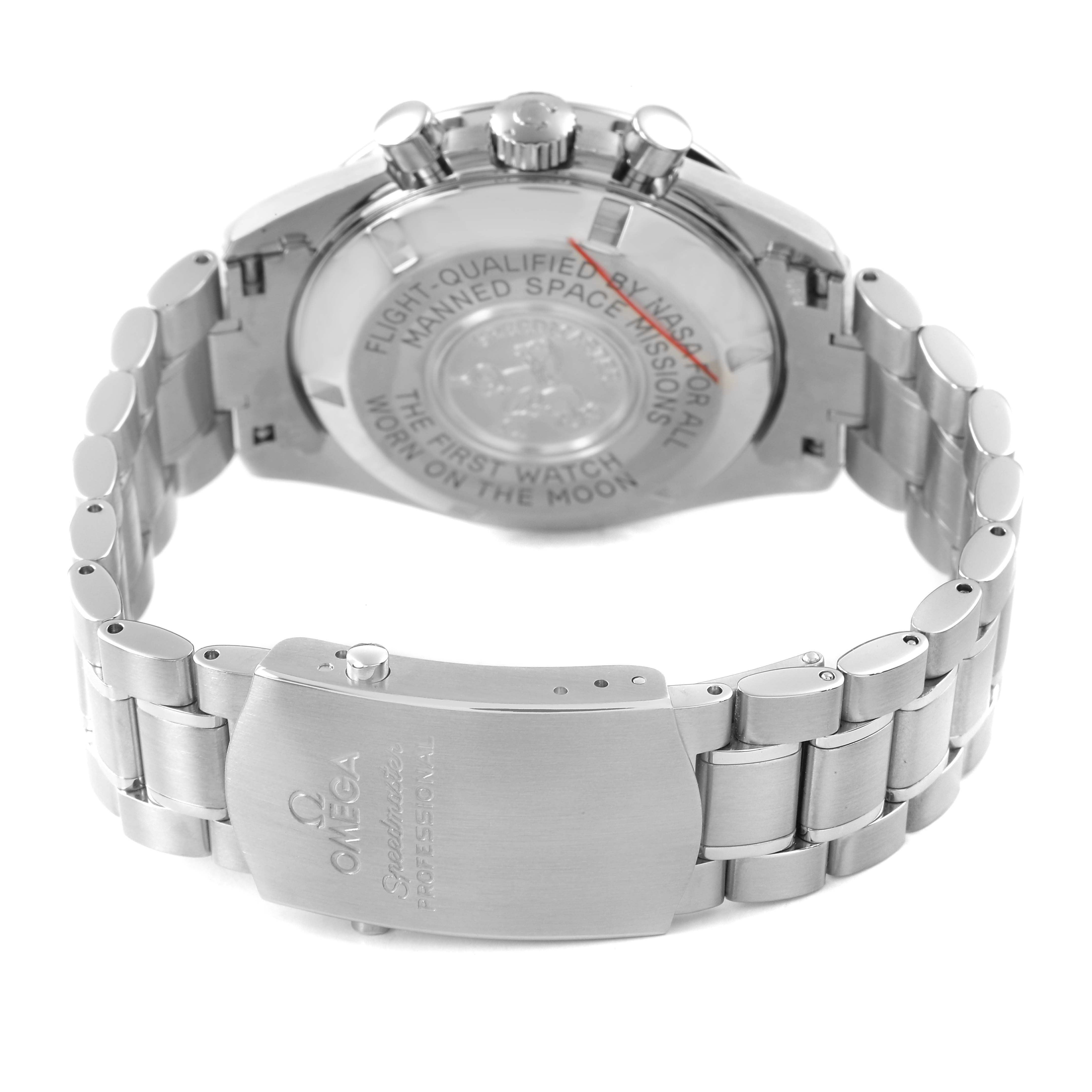 The image shows the back case and bracelet of the Omega Speedmaster 3570.50.00 Men's Stainless Steel Black Dial, highlighting the engraved case back and clasp.