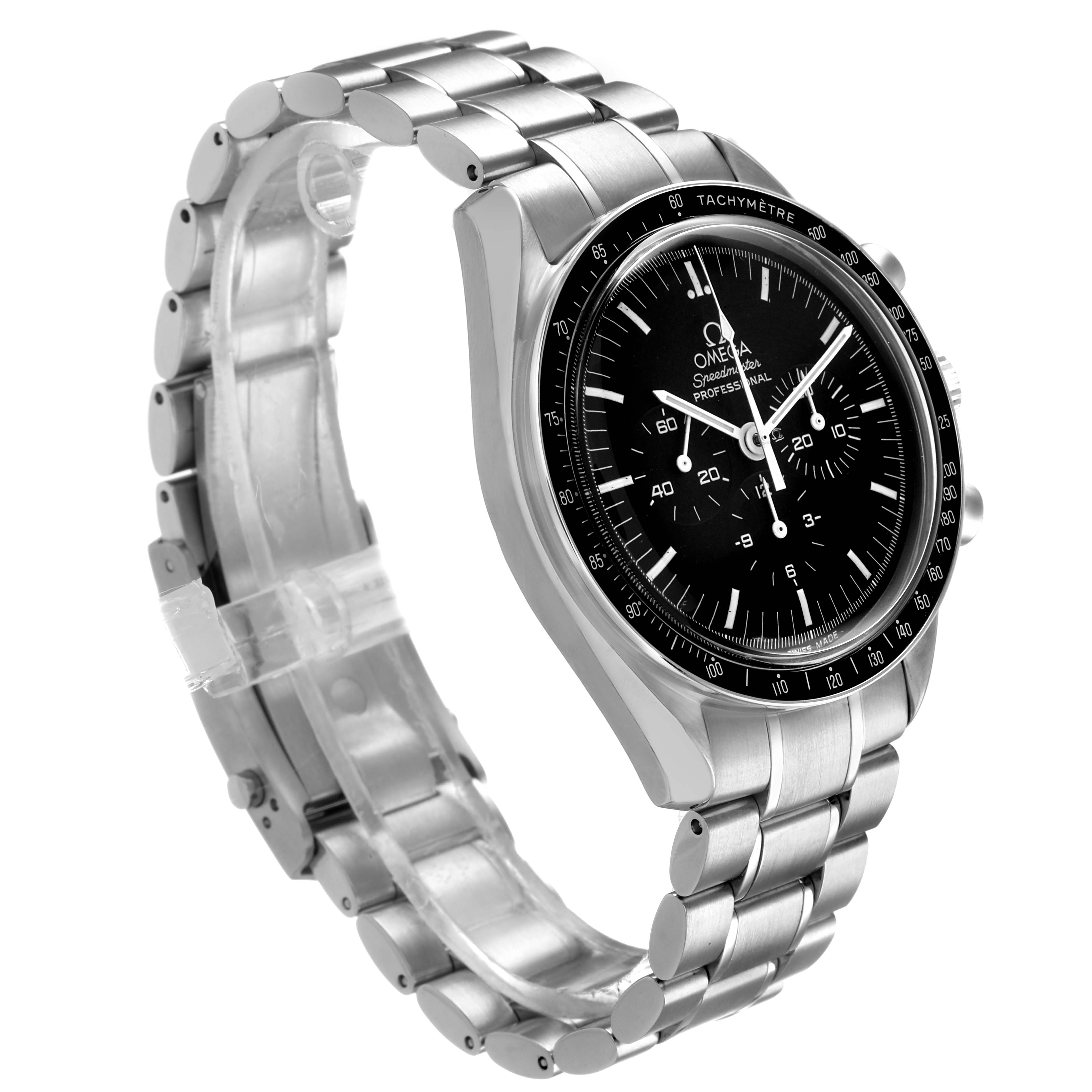 The Omega Speedmaster 3570.50.00 Men's Stainless Steel Black Dial watch is shown at a three-quarter angle, displaying the face, bezel, and stainless steel bracelet.