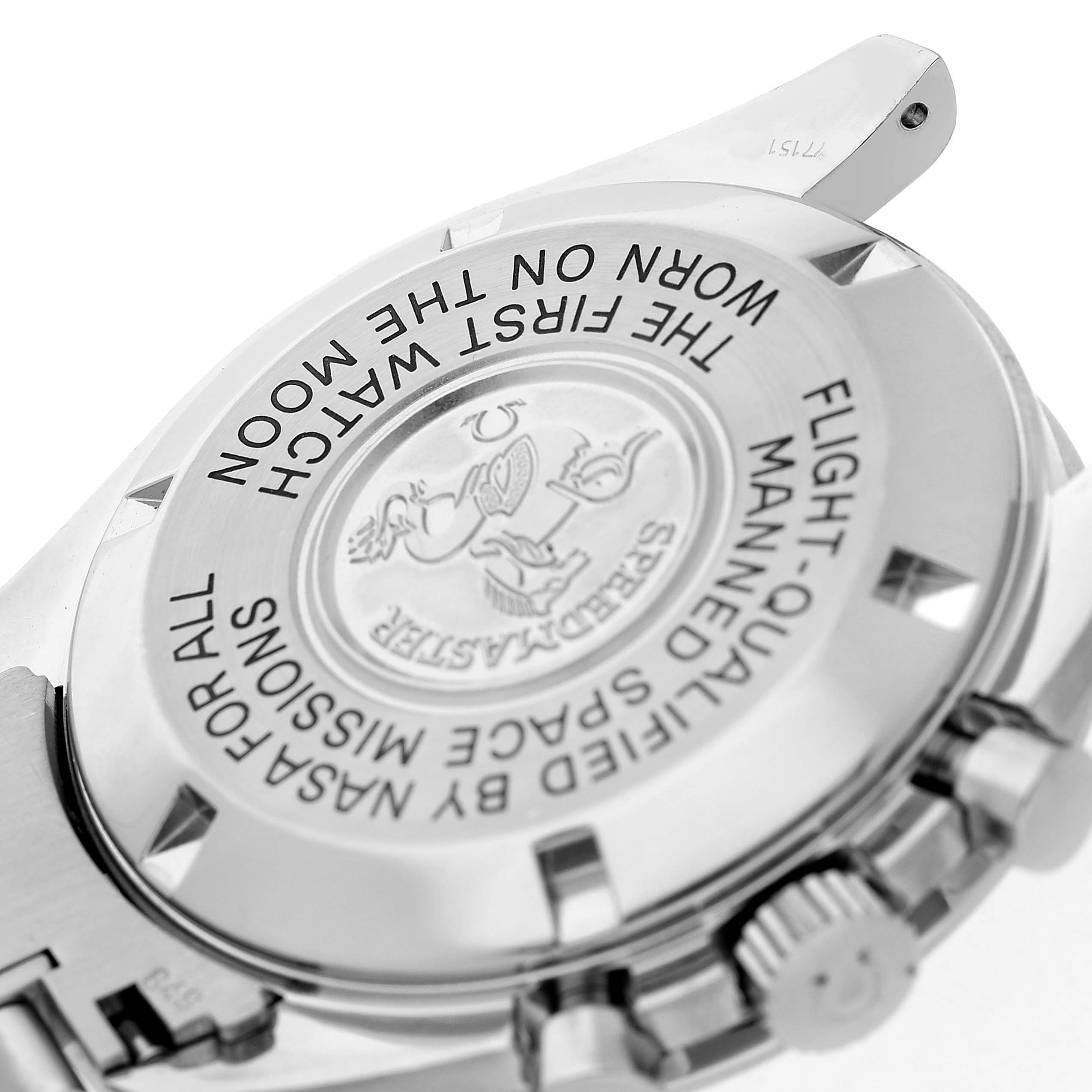 The image shows the case back and partial side view of an Omega Speedmaster 3570.50.00 Men's Stainless Steel Black Dial watch, highlighting the engraved text and logo.