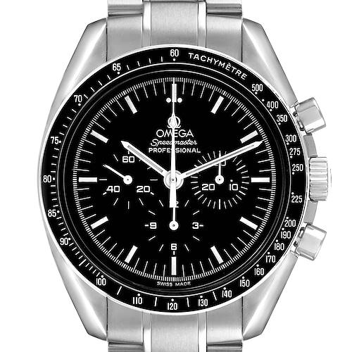 The Omega Speedmaster 3570.50.00 Men's Stainless Steel Black Dial watch is shown from the front, highlighting its dial, tachymeter bezel, and stainless steel bracelet.