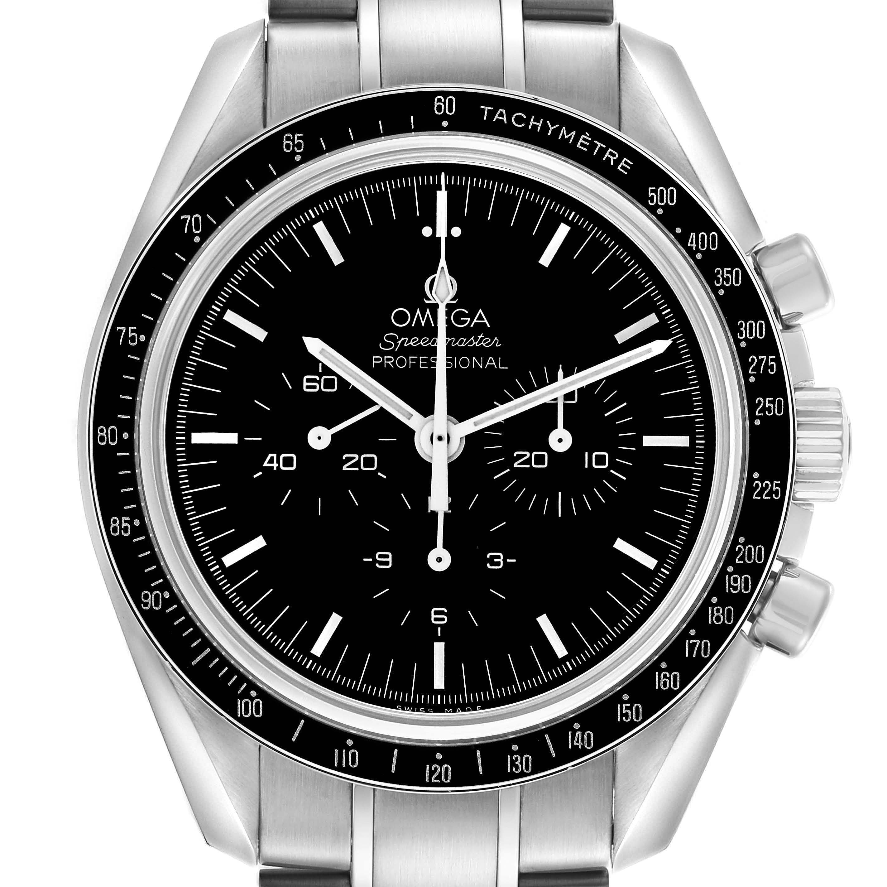 The Omega Speedmaster 311.30.42.30.01.006 Men's Stainless Steel Black Dial 311.30.42.30.01.006 Men's Stainless Steel Black Dial watch is shown from a front angle, highlighting its dial, bezel, and chronograph pushers.
