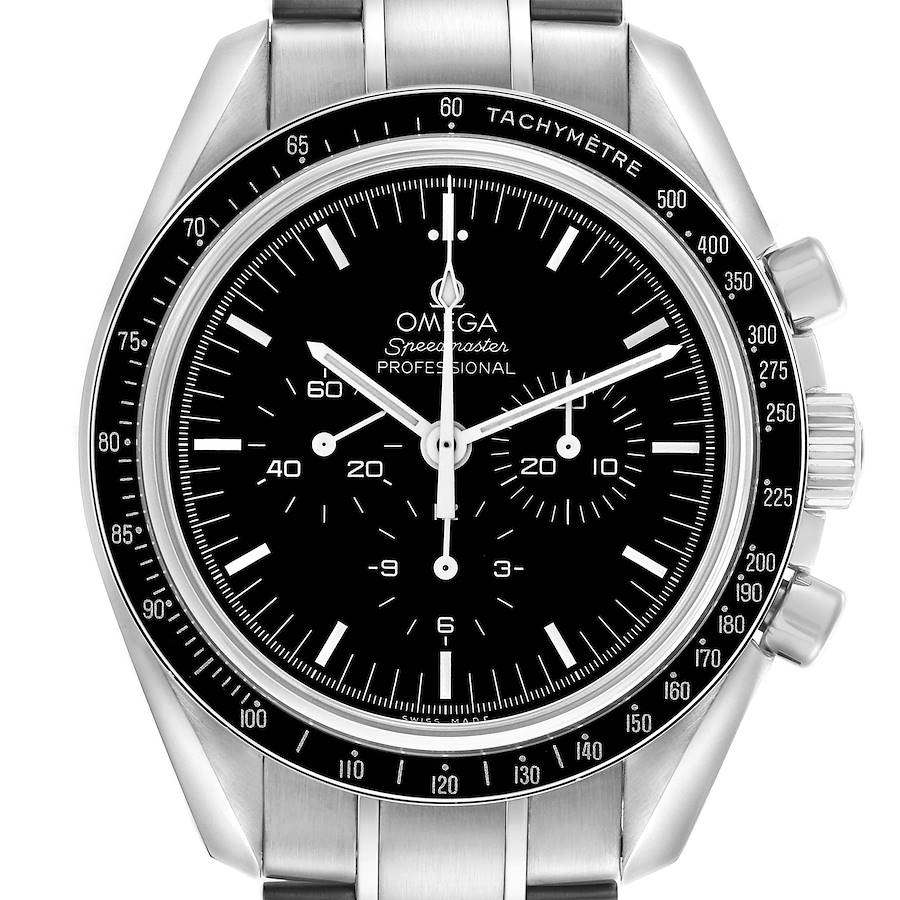 The Omega Speedmaster watch is shown from a front angle, highlighting its dial, bezel, and chronograph pushers.