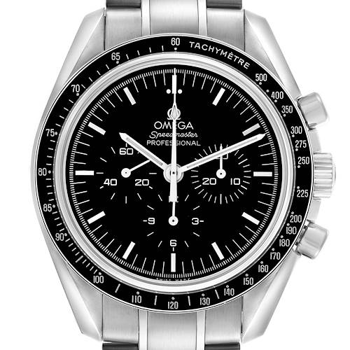 The Omega Speedmaster watch is shown from the front, highlighting the dial, tachymeter bezel, and chronograph pushers.