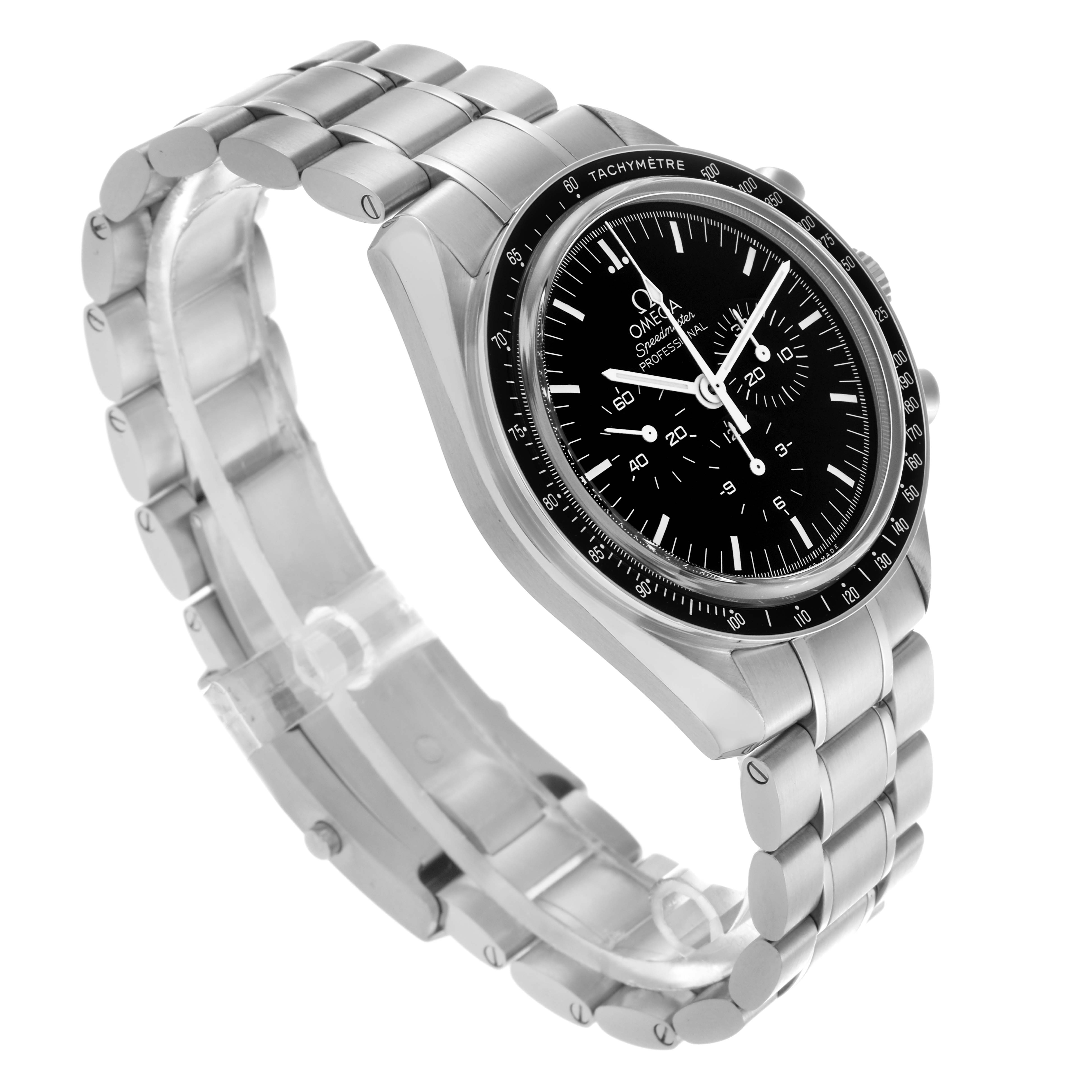 The Omega Speedmaster 311.30.42.30.01.006 Men's Stainless Steel Black Dial 311.30.42.30.01.006 Men's Stainless Steel Black Dial watch is shown at a side angle, highlighting its stainless steel case, bezel, and bracelet.