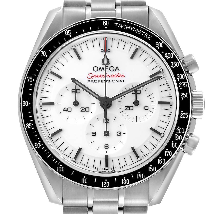 The Omega Speedmaster watch is shown from the front, highlighting the dial, bezel, subdials, and tachymeter scale.