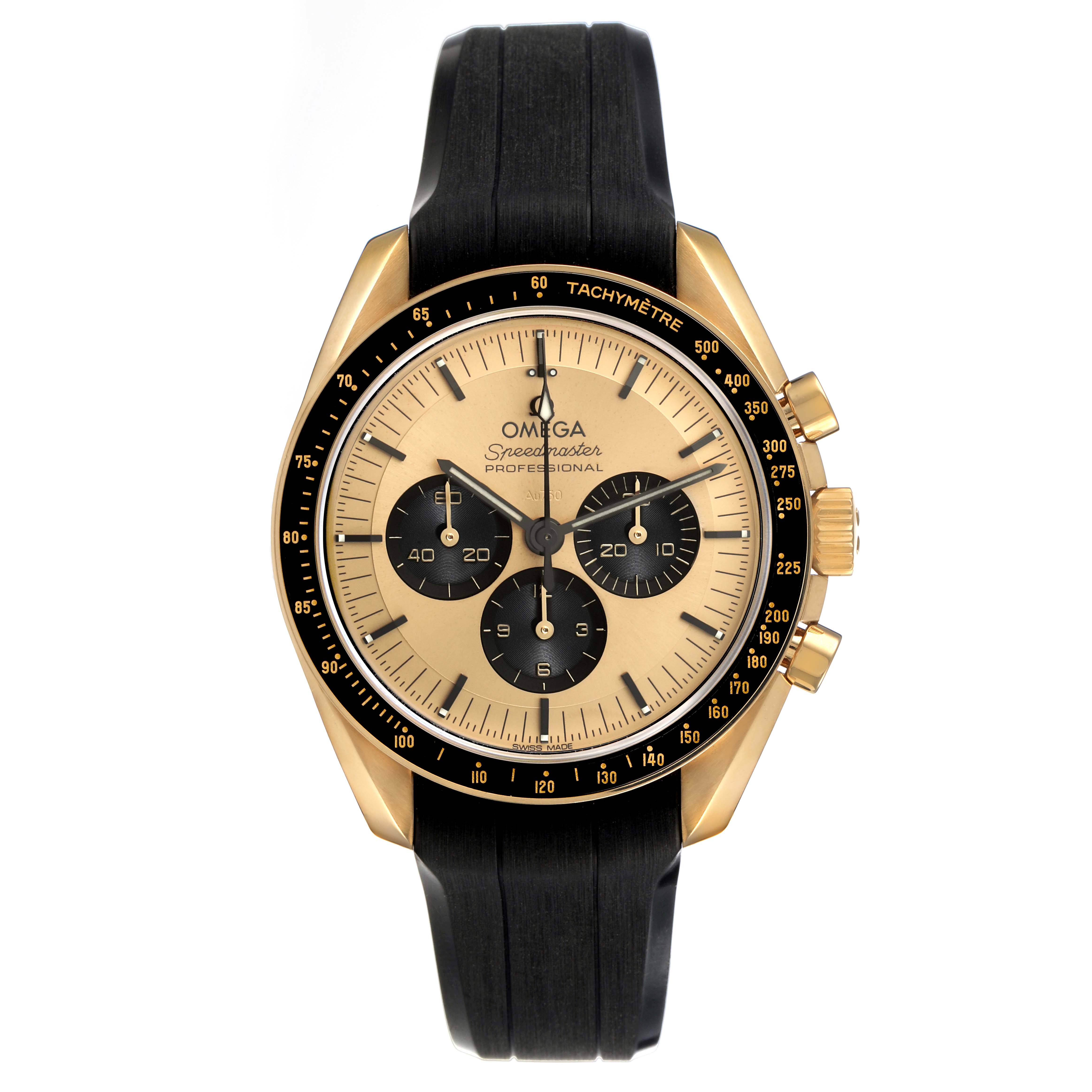 The Omega Speedmaster 310.62.42.50.99.001 Men's Yellow Gold Yellow Dial watch is shown from a top-down angle, highlighting its gold case, black dial, and rubber strap.