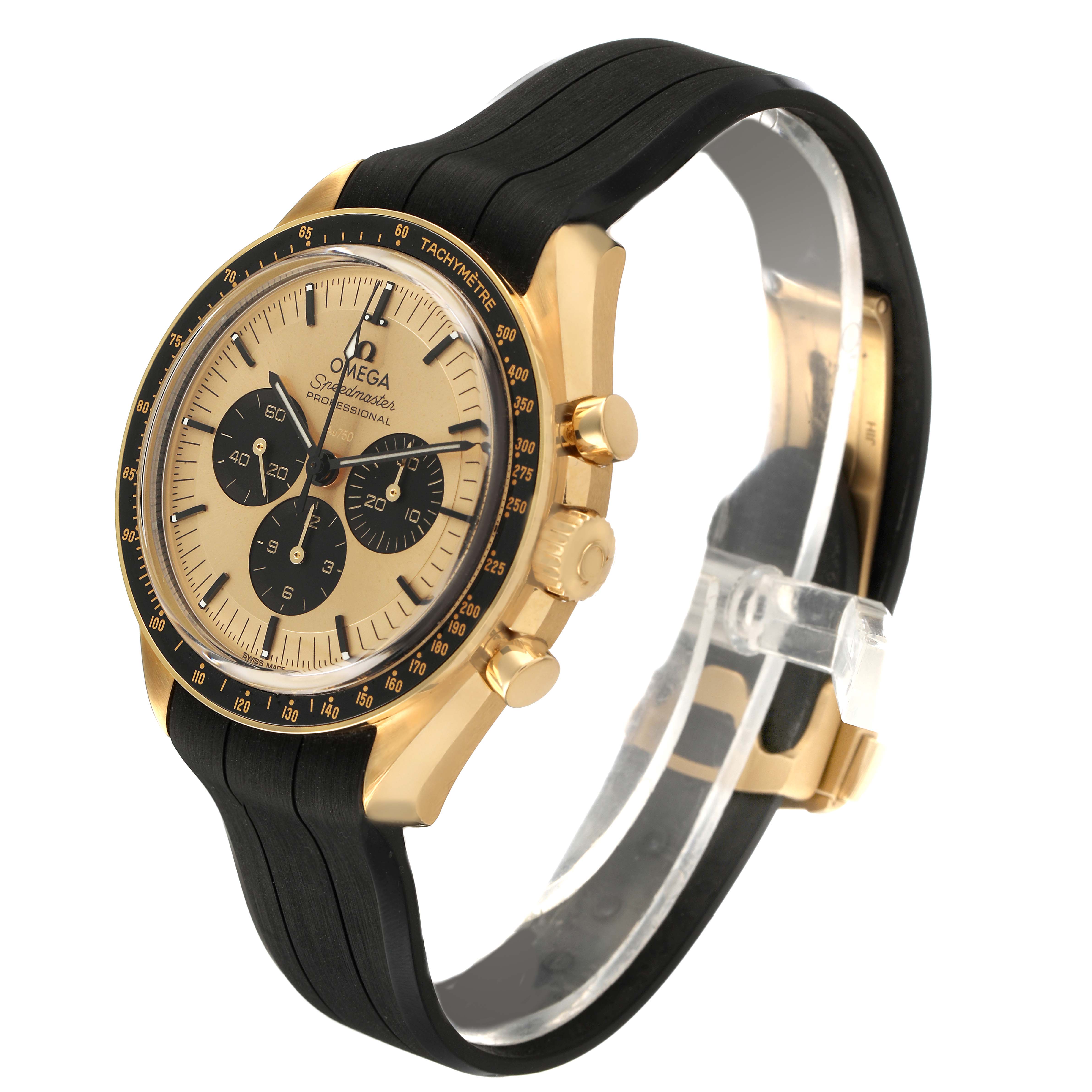 The Omega Speedmaster 310.62.42.50.99.001 Men's Yellow Gold Yellow Dial watch is shown at an angle highlighting the dial, bezel, pushers, and black strap.