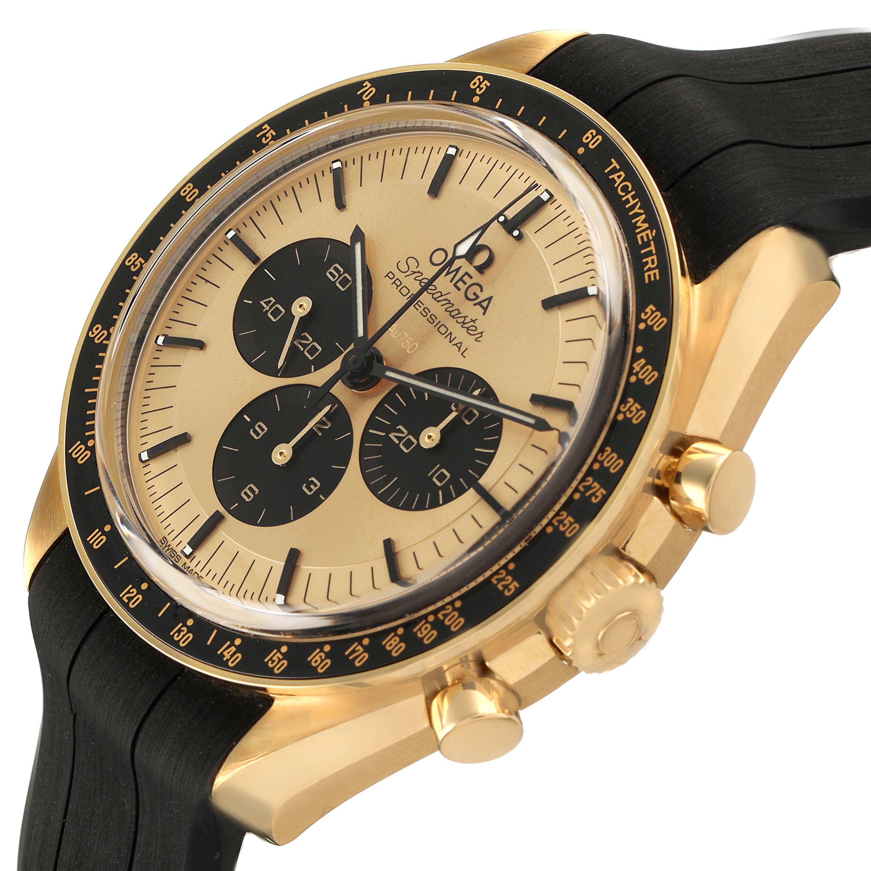 The Omega Speedmaster 310.62.42.50.99.001 Men's Yellow Gold Yellow Dial watch is shown at a side angle, highlighting the gold case, bezel, pushers, and black strap.