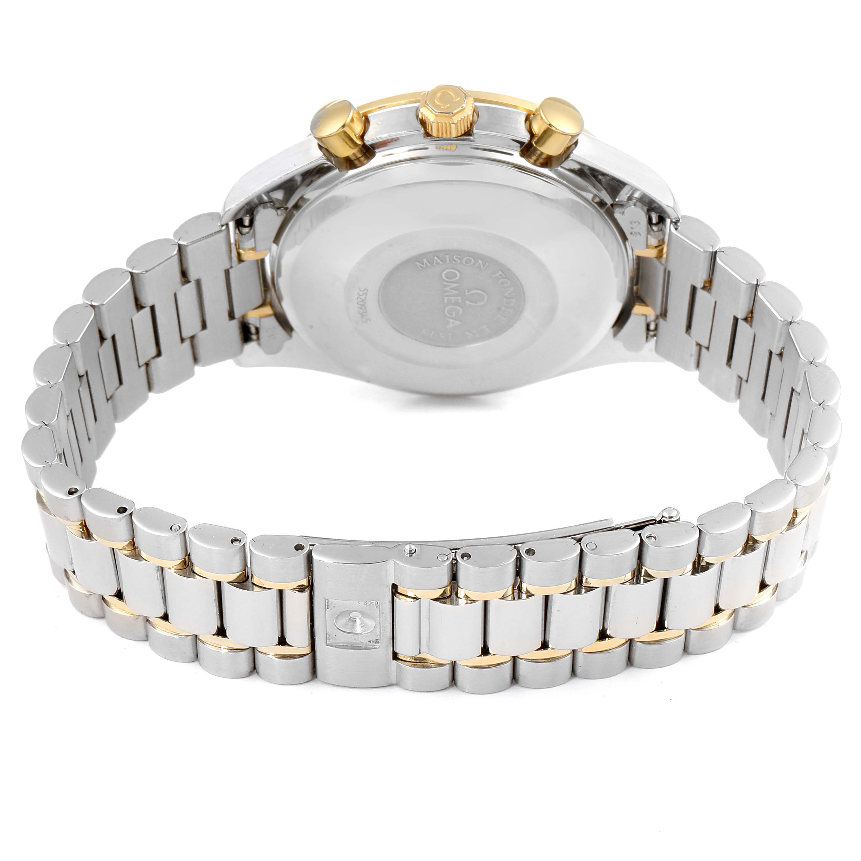 The image shows the back case and bracelet of an Omega Speedmaster 3321.30.00 Men's Steel and Gold (two tone) Silver Dial 3321.30.00 Men's Steel and Gold (two tone) Silver Dial watch, viewed from the rear angle.