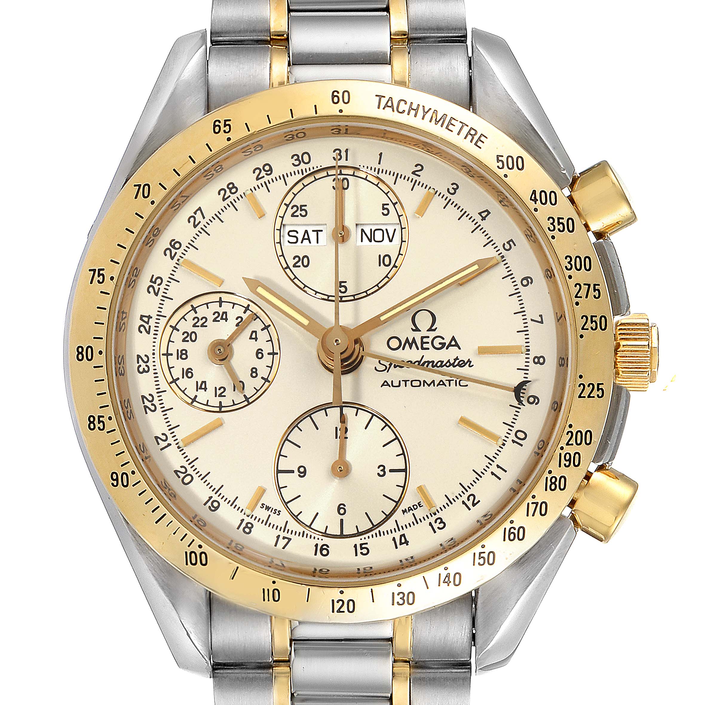 The Omega Speedmaster 3321.30.00 Men's Steel and Gold (two tone) Silver Dial 3321.30.00 Men's Steel and Gold (two tone) Silver Dial watch is shown head-on, displaying the face, subdials, bezel, crown, and part of the bracelet.