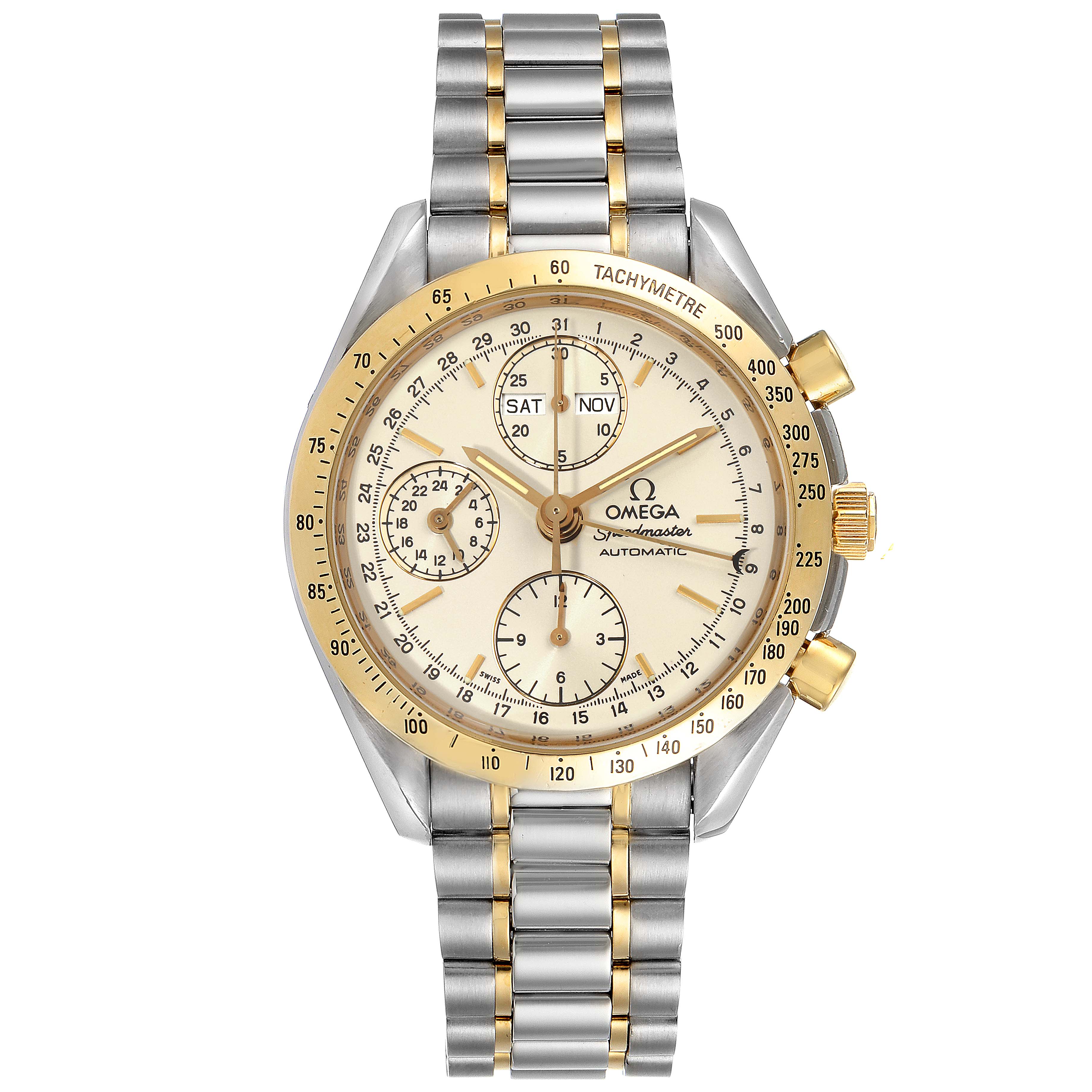 The image shows a front view of an Omega Speedmaster 3321.30.00 Men's Steel and Gold (two tone) Silver Dial 3321.30.00 Men's Steel and Gold (two tone) Silver Dial watch, highlighting its dual-tone bracelet, bezel, and chronograph features.