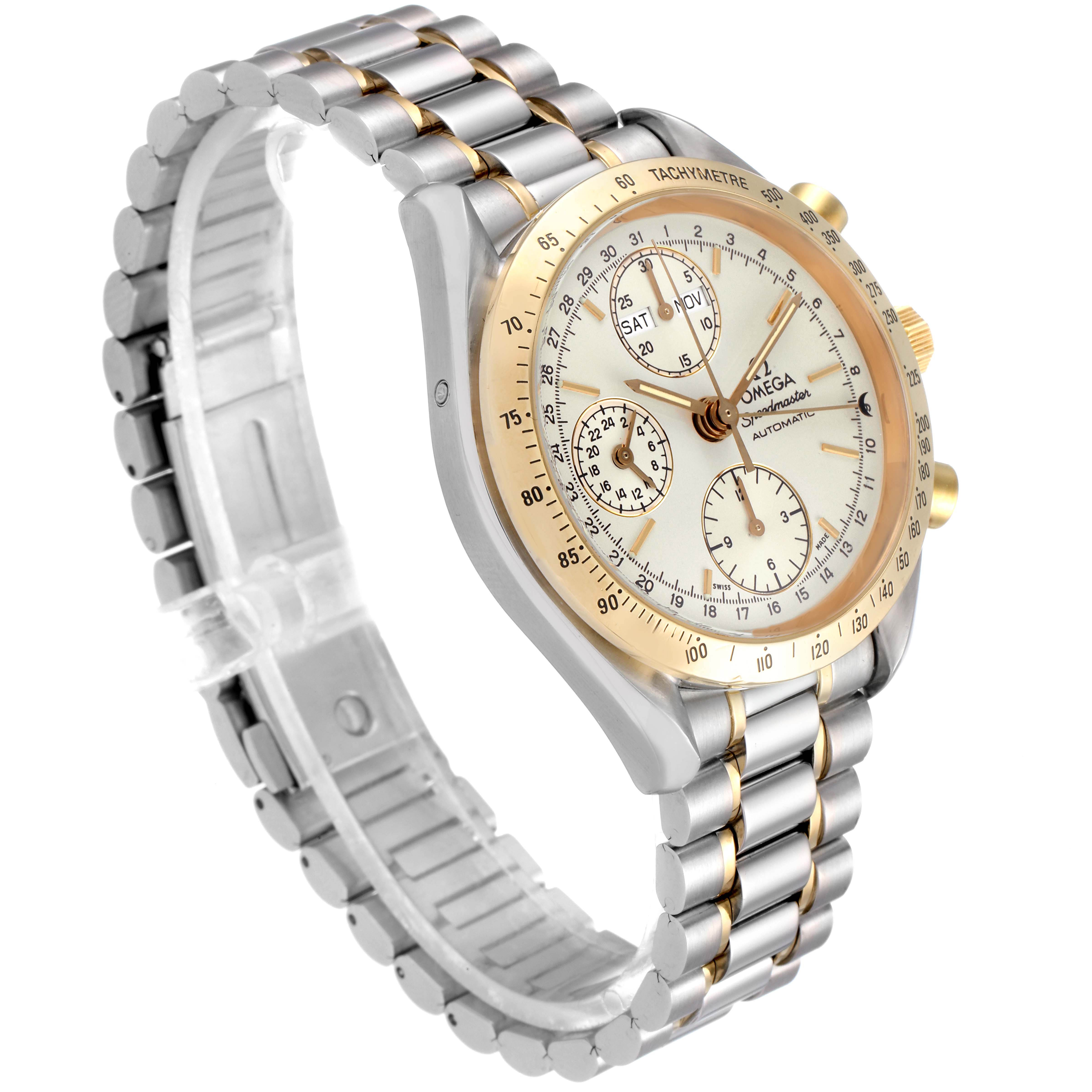 The image shows an angled view of an Omega Speedmaster 3321.30.00 Men's Steel and Gold (two tone) Silver Dial 3321.30.00 Men's Steel and Gold (two tone) Silver Dial watch, highlighting its gold bezel, dial, and two-tone bracelet.
