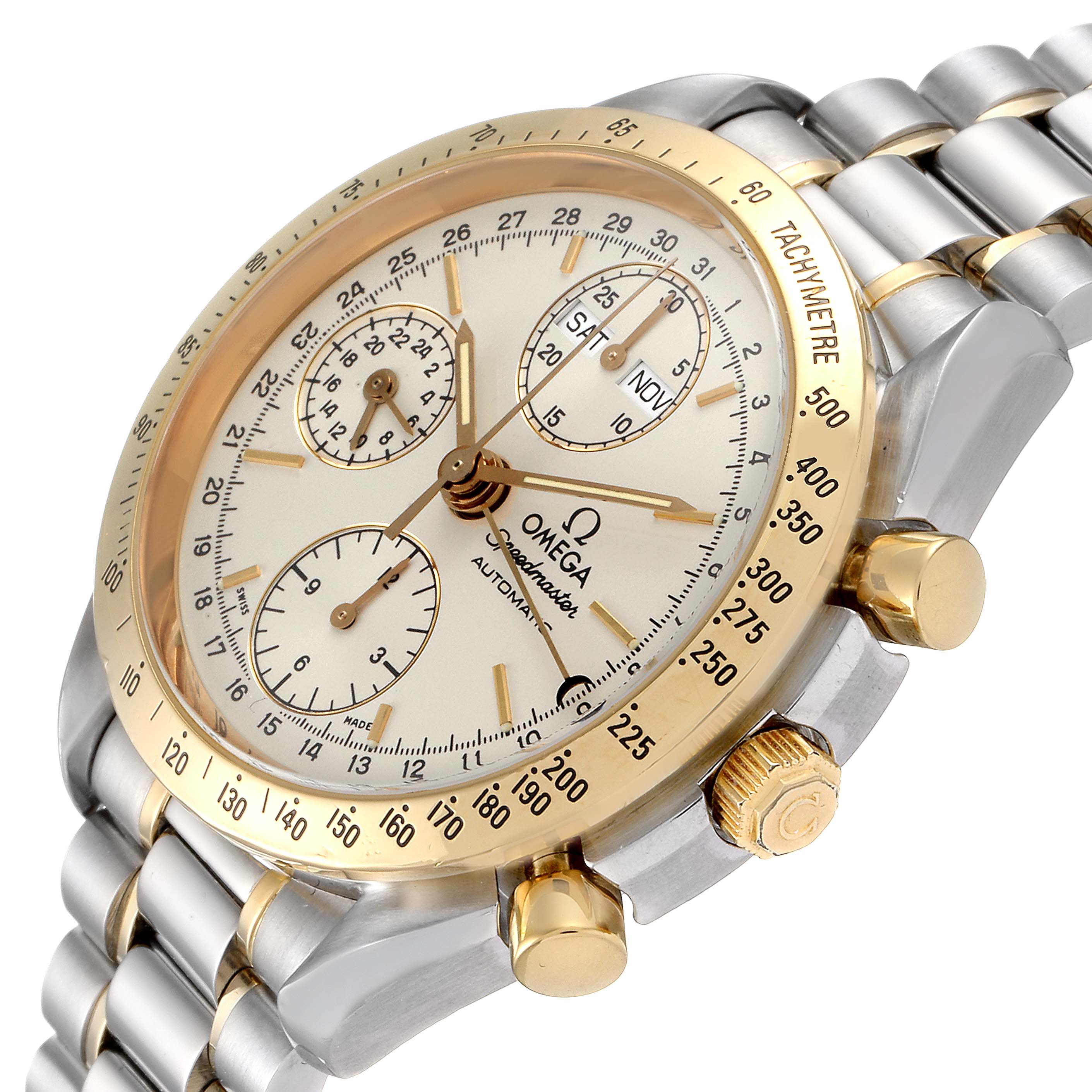 The image shows an Omega Speedmaster 3321.30.00 Men's Steel and Gold (two tone) Silver Dial 3321.30.00 Men's Steel and Gold (two tone) Silver Dial watch from a tilted angle, highlighting the dial, subdials, tachymeter bezel, and bracelet.