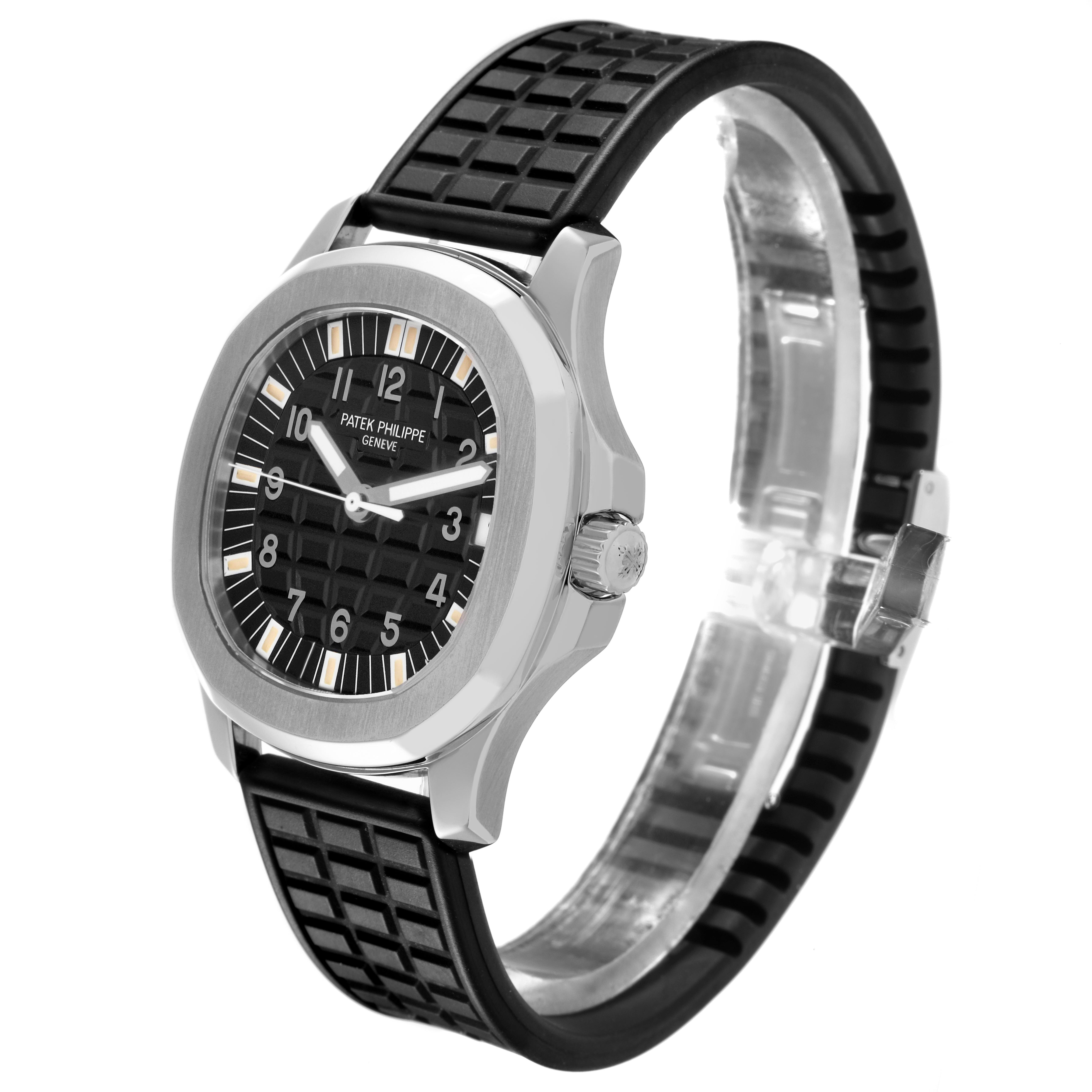 The Patek Philippe Aquanaut 5065/1A-001 Men's Stainless Steel Black Dial 5065/1A-001 Men's Stainless Steel Black Dial watch is shown from a side angle, displaying the case, dial, crown, and rubber strap.
