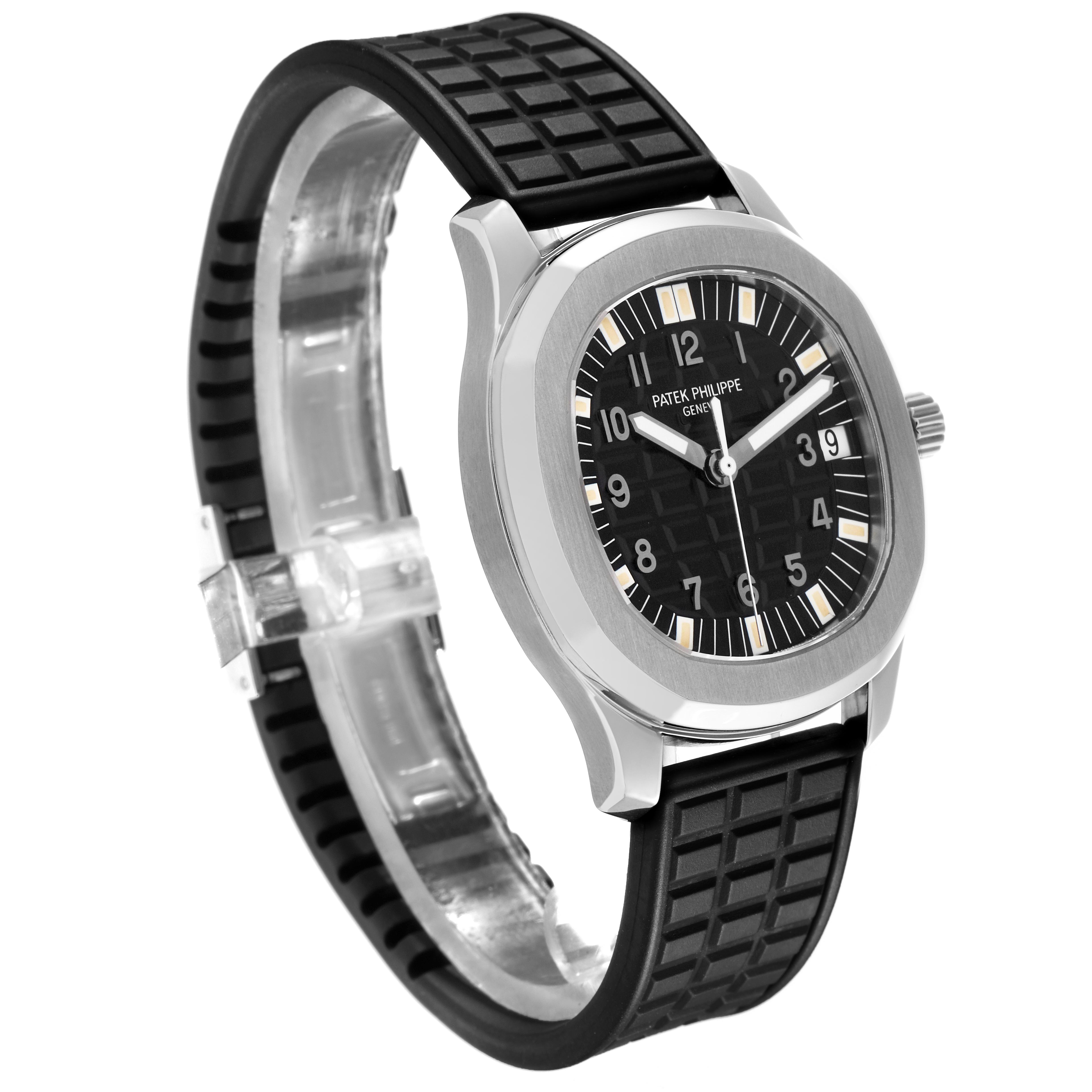 The Patek Philippe Aquanaut 5065/1A-001 Men's Stainless Steel Black Dial 5065/1A-001 Men's Stainless Steel Black Dial watch is shown at a side angle, highlighting the face, dial, and black rubber strap.