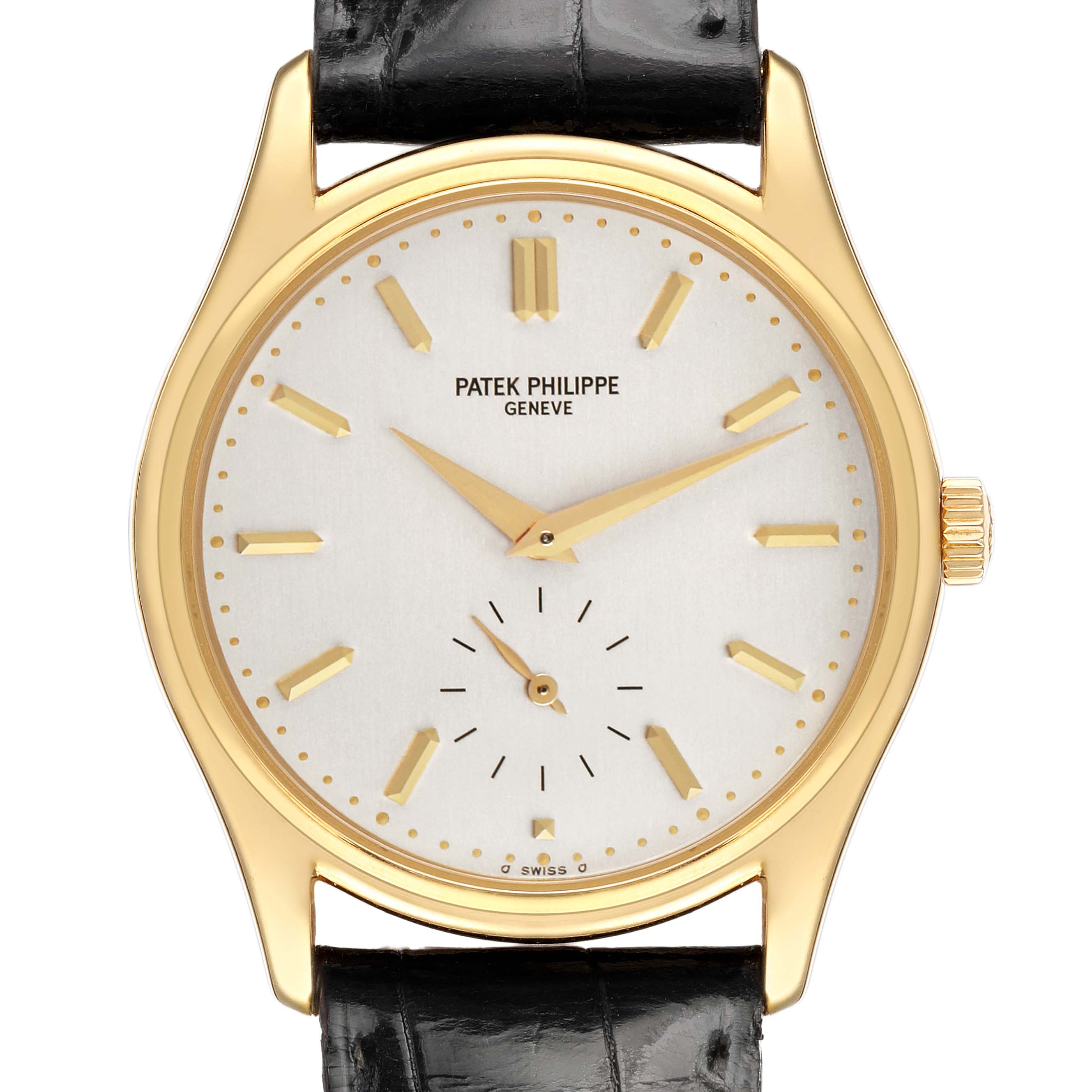 The Patek Philippe Calatrava 5023 5023J Men's Yellow Gold Silver Dial watch is shown from a front angle, displaying the dial, hands, and strap.