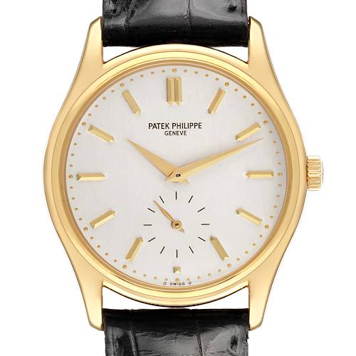 The Patek Philippe Calatrava 5023 5023J Men's Yellow Gold Silver Dial watch is shown from a front angle, highlighting its face, gold case, and black leather strap.