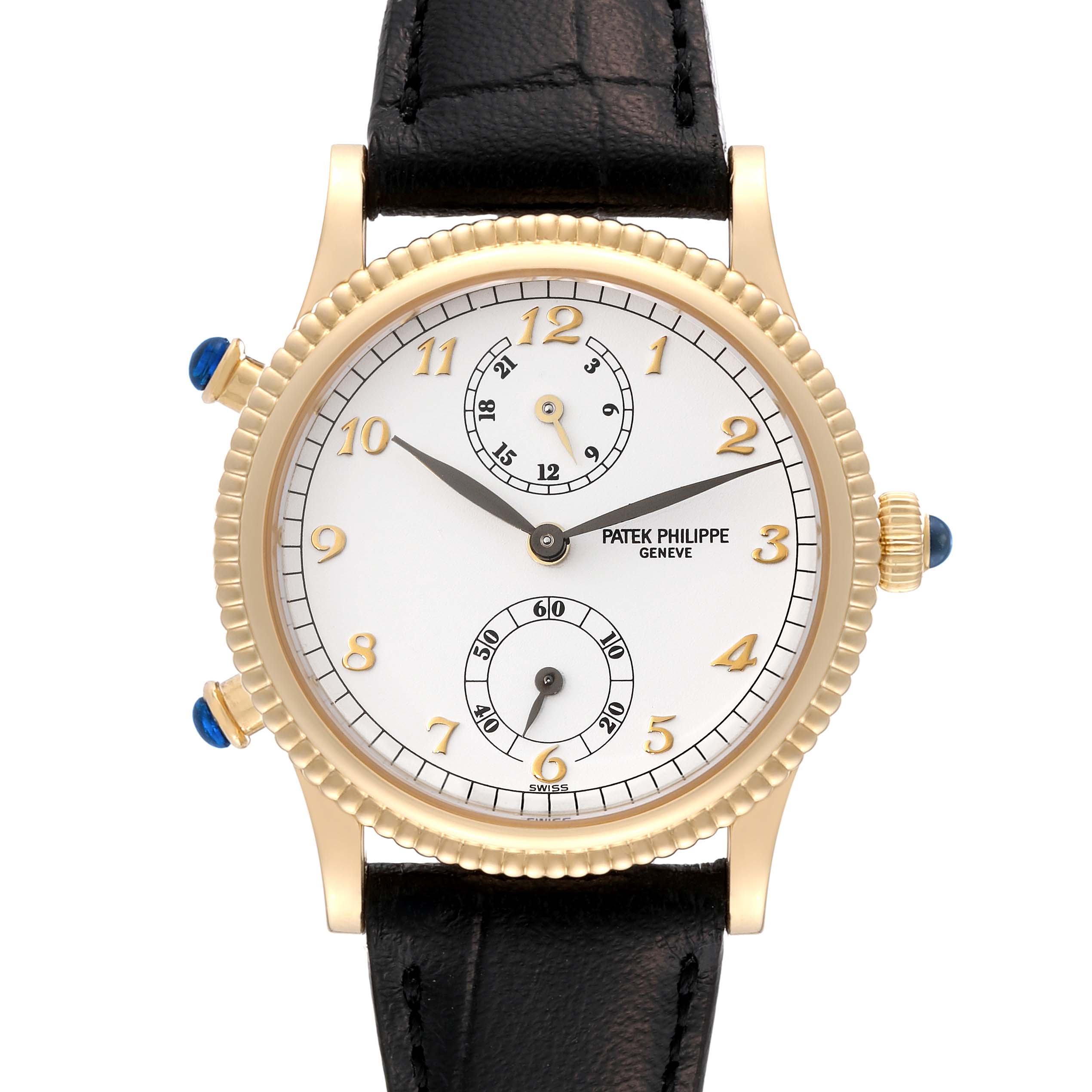 The image shows a front view of the Patek Philippe Calatrava 4864J Women's Yellow Gold White Dial 4864J Women's Yellow Gold White Dial watch, highlighting the dial, case, and parts of the black leather strap.
