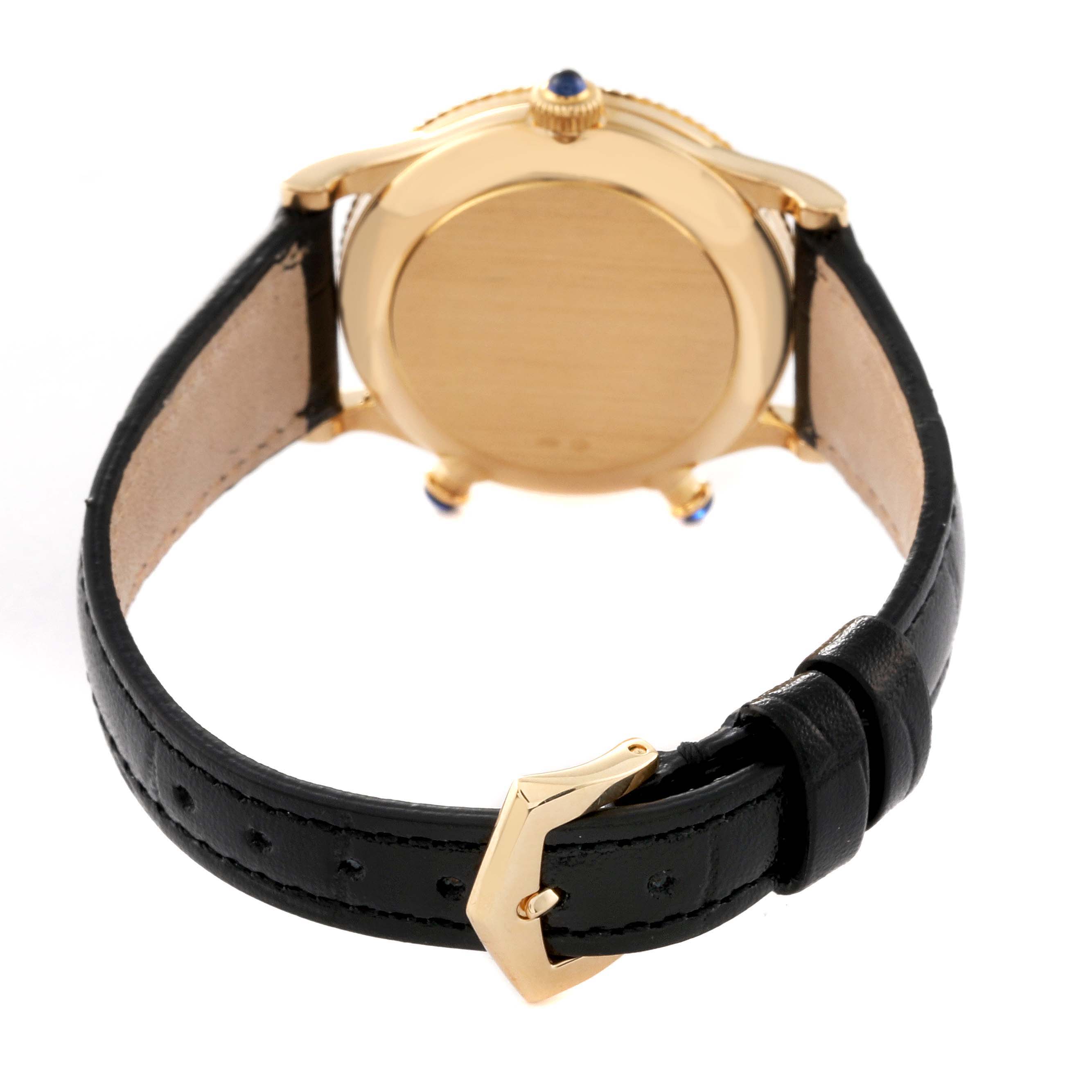 The image shows the back view of a Patek Philippe Calatrava 4864J Women's Yellow Gold White Dial 4864J Women's Yellow Gold White Dial watch, highlighting its caseback and black leather strap.