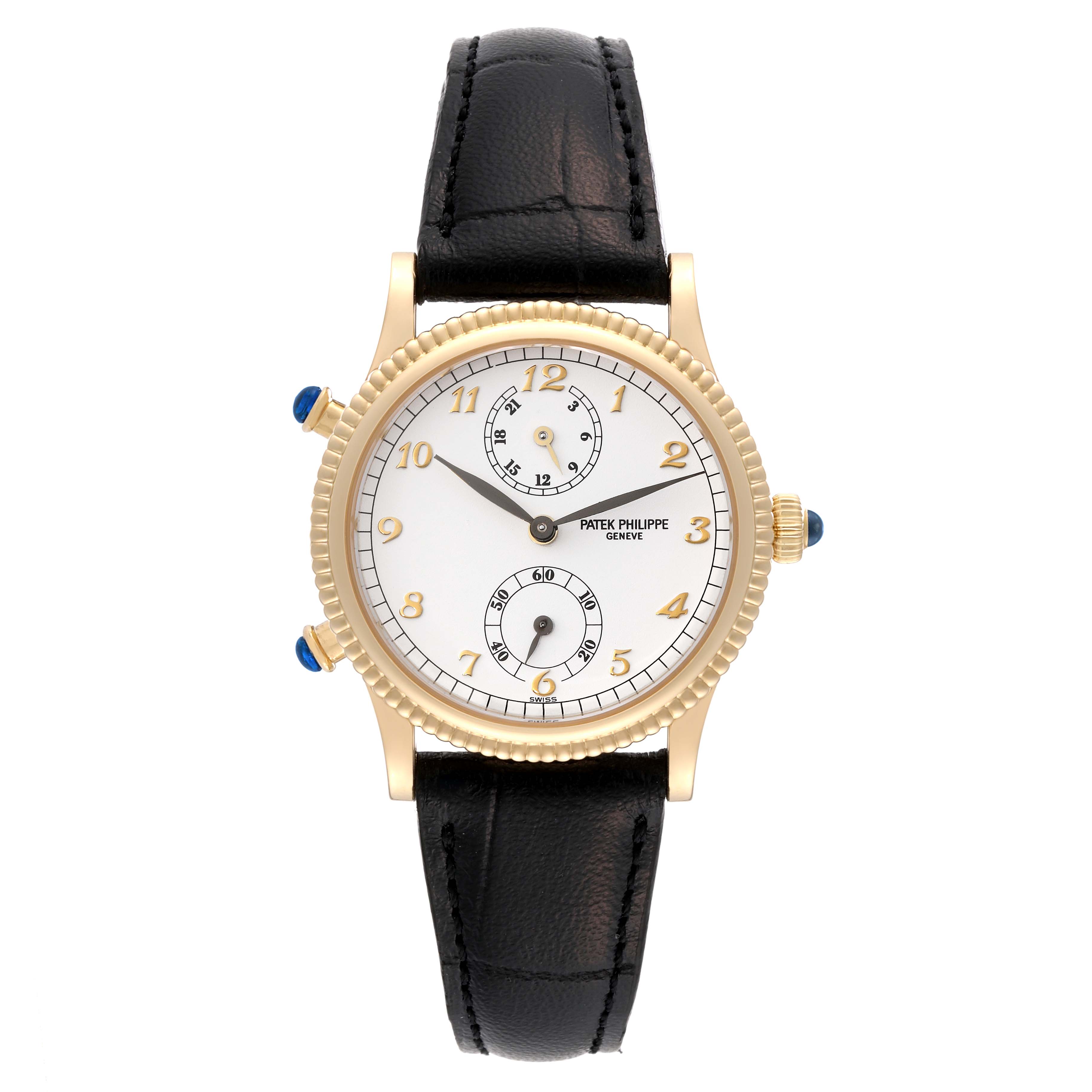 The image shows a front view of the Patek Philippe Calatrava 4864J Women's Yellow Gold White Dial 4864J Women's Yellow Gold White Dial watch, displaying its face, bezel, crown, and leather strap.