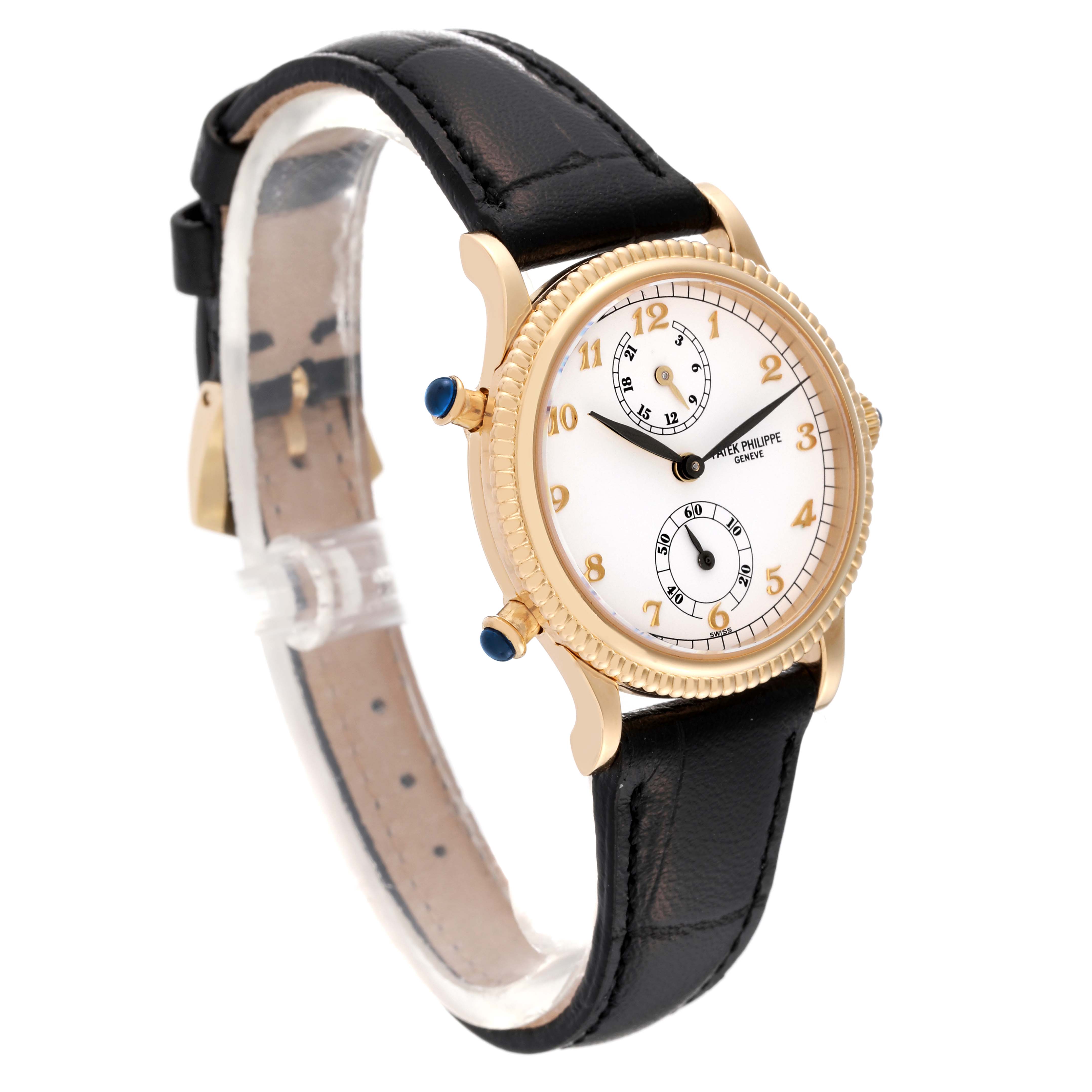 The image shows a Patek Philippe Calatrava 4864J Women's Yellow Gold White Dial 4864J Women's Yellow Gold White Dial watch at a slight angle, highlighting the face, bezel, and black leather strap.