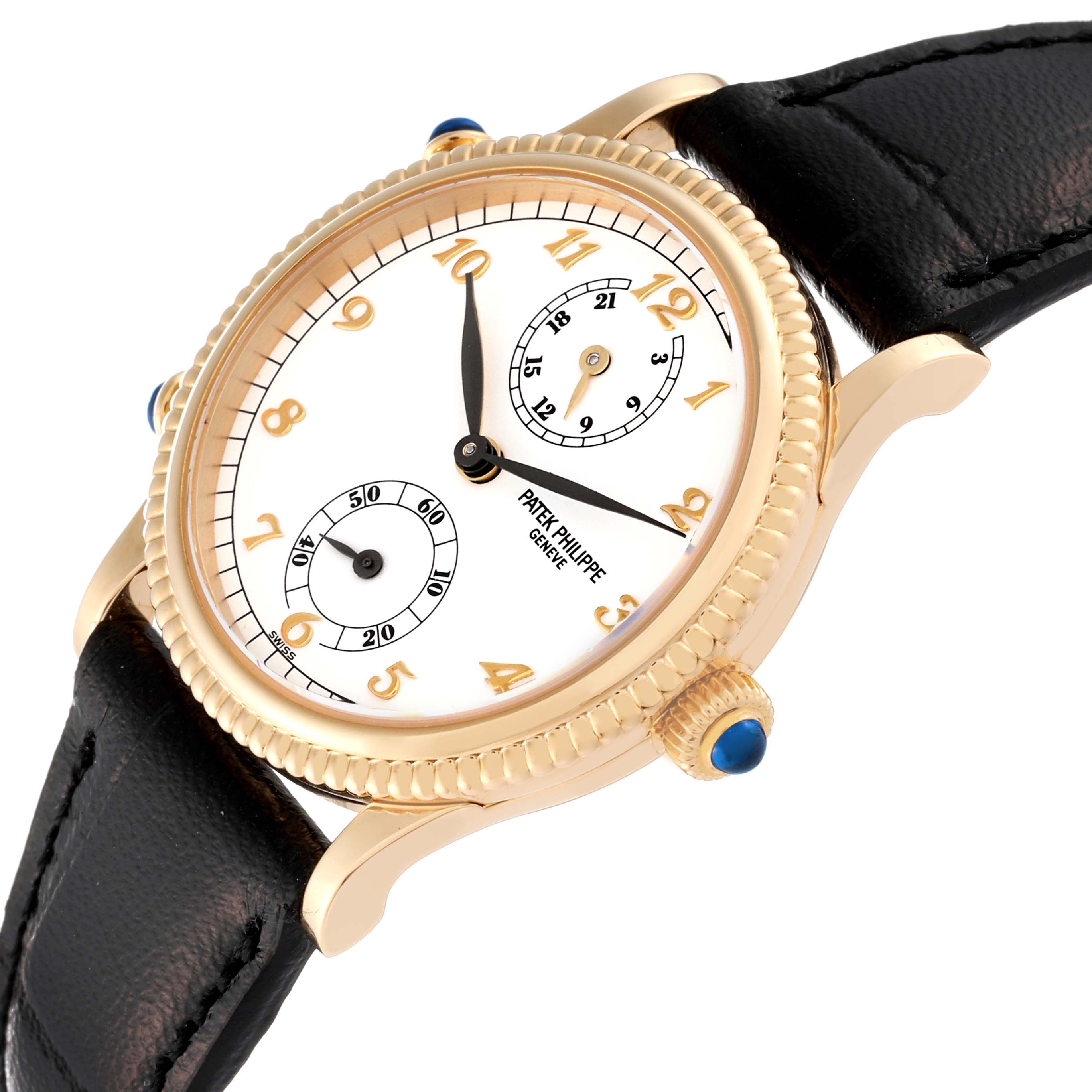 The image shows a Patek Philippe Calatrava 4864J Women's Yellow Gold White Dial 4864J Women's Yellow Gold White Dial watch at a three-quarter angle, highlighting the face, strap, and case.